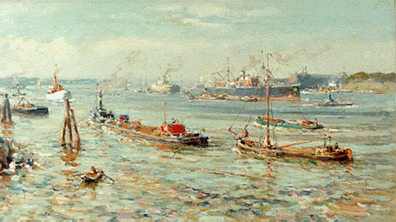 Moll E.  | Evert Moll, Gezicht op de Rotterdamse Maas vanaf de zuidoever, olieverf op doek 60,4 x 100,2 cm, gesigneerd rechtsonder