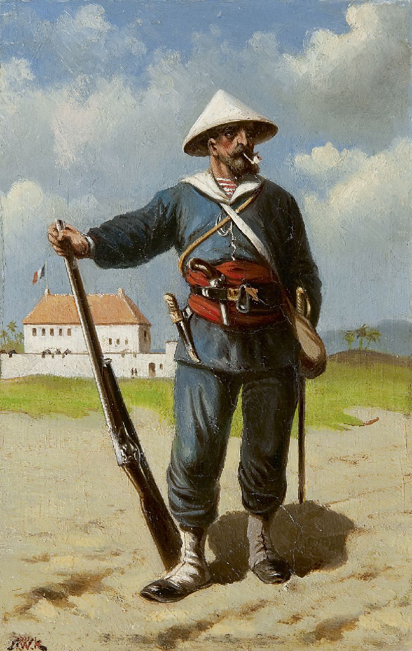 Koekkoek H.W. | Hermanus Willem Koekkoek, Franse marinier bij fort in Cochin-China, olieverf op paneel 24,9 x 16,2 cm, gesigneerd linksonder met initialen Koekkoek H.W. | Hermanus Willem Koekkoek, Franse marinier bij fort in Cochin-China, olieverf op paneel 24,9 x 16,2 cm, gesigneerd linksonder met initialen