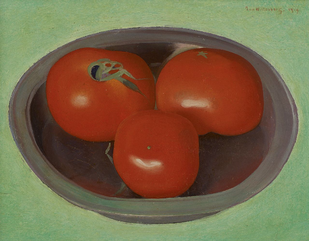 Wittenberg J.H.W. | 'Jan' Hendrik Willem Wittenberg, Stilleven van drie tomaten op een bord, olieverf op doek op schildersboard 17,5 x 23,2 cm, gesigneerd rechtsboven en gedateerd 1919 Wittenberg J.H.W. | 'Jan' Hendrik Willem Wittenberg, Stilleven van drie tomaten op een bord, olieverf op doek op schildersboard 17,5 x 23,2 cm, gesigneerd rechtsboven en gedateerd 1919