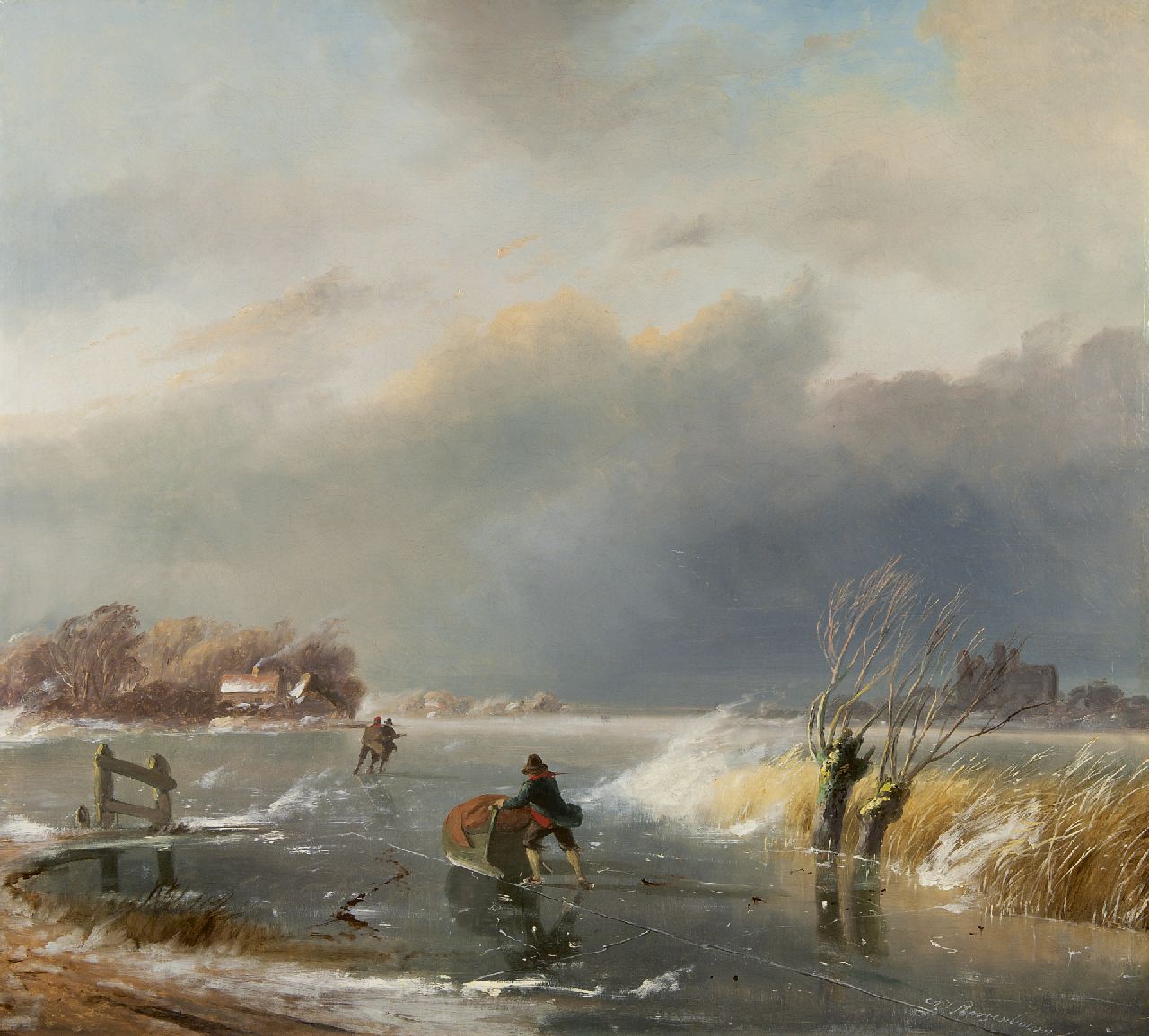 Roosenboom N.J. | Nicolaas Johannes Roosenboom, Schaatsers bij opkomende storm, olieverf op doek 90,5 x 100,0 cm, gesigneerd rechtsonder Roosenboom N.J. | Nicolaas Johannes Roosenboom, Schaatsers bij opkomende storm, olieverf op doek 90,5 x 100,0 cm, gesigneerd rechtsonder