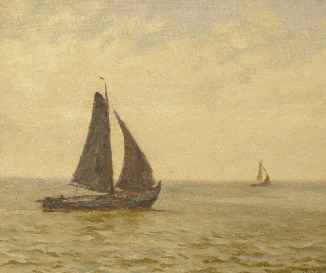 Tholen W.B. | Willem Bastiaan Tholen, Vissersboten op zee, olieverf op doek op paneel 31,3 x 37,0 cm, gesigneerd rechtsonder en gedateerd '15 Tholen W.B. | Willem Bastiaan Tholen, Vissersboten op zee, olieverf op doek op paneel 31,3 x 37,0 cm, gesigneerd rechtsonder en gedateerd '15
