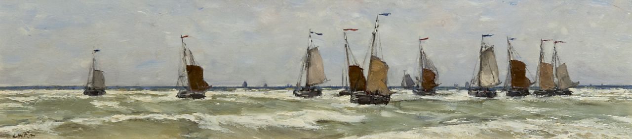 Wenckebach L.W.R. | Ludwig 'Willem' Reijmert Wenckebach, Uitzeilende bomschuiten, olieverf op paneel 22,7 x 76,8 cm, gesigneerd rechtsonder met initialen Wenckebach L.W.R. | Ludwig 'Willem' Reijmert Wenckebach, Uitzeilende bomschuiten, olieverf op paneel 22,7 x 76,8 cm, gesigneerd rechtsonder met initialen