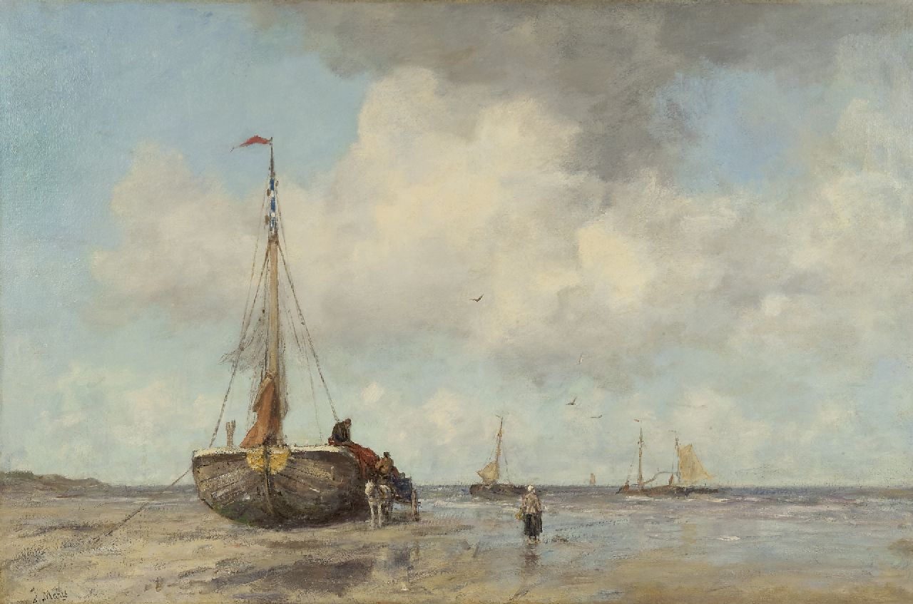 Maris J.H. | Jacobus Hendricus 'Jacob' Maris, Bomschuit op het strand van Scheveningen, olieverf op doek 82,5 x 125,0 cm, gesigneerd linksonder en te dateren ca. 1890-1895 Maris J.H. | Jacobus Hendricus 'Jacob' Maris, Bomschuit op het strand van Scheveningen, olieverf op doek 82,5 x 125,0 cm, gesigneerd linksonder en te dateren ca. 1890-1895