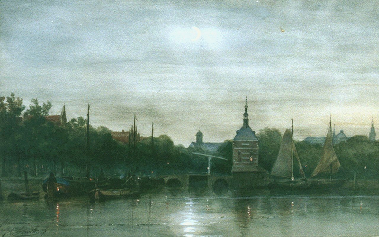 Smits J.G.  | Jan Gerard Smits, Gezicht op Alkmaar bij nacht, aquarel op papier 31,5 x 48,5 cm, gesigneerd linksonder