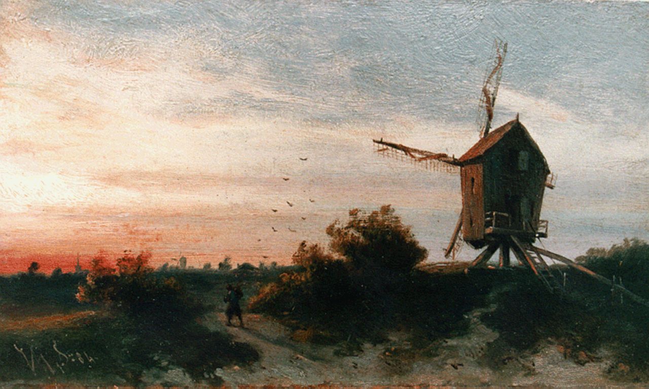 Smits J.G. | Jan Gerard Smits, Zomers landschap met molen, olieverf op paneel 13,0 x 21,6 cm, gesigneerd linksonder initialen en gedateerd '84 Smits J.G. | Jan Gerard Smits, Zomers landschap met molen, olieverf op paneel 13,0 x 21,6 cm, gesigneerd linksonder initialen en gedateerd '84