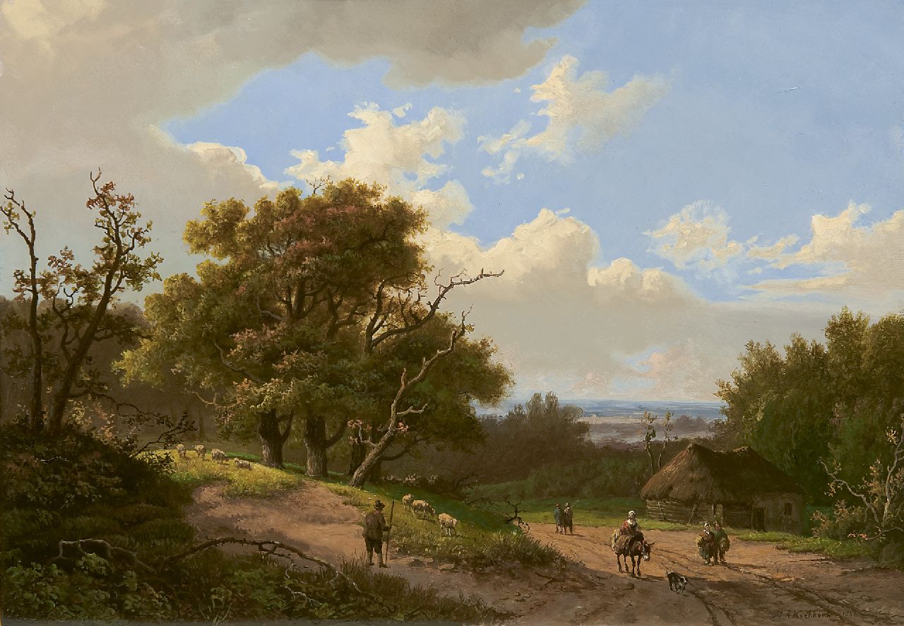 Koekkoek I M.A.  | Marinus Adrianus Koekkoek I, Boslandschap met herder en landvolk, olieverf op paneel 24,5 x 34,9 cm, gesigneerd rechtsonder en gedateerd 1851