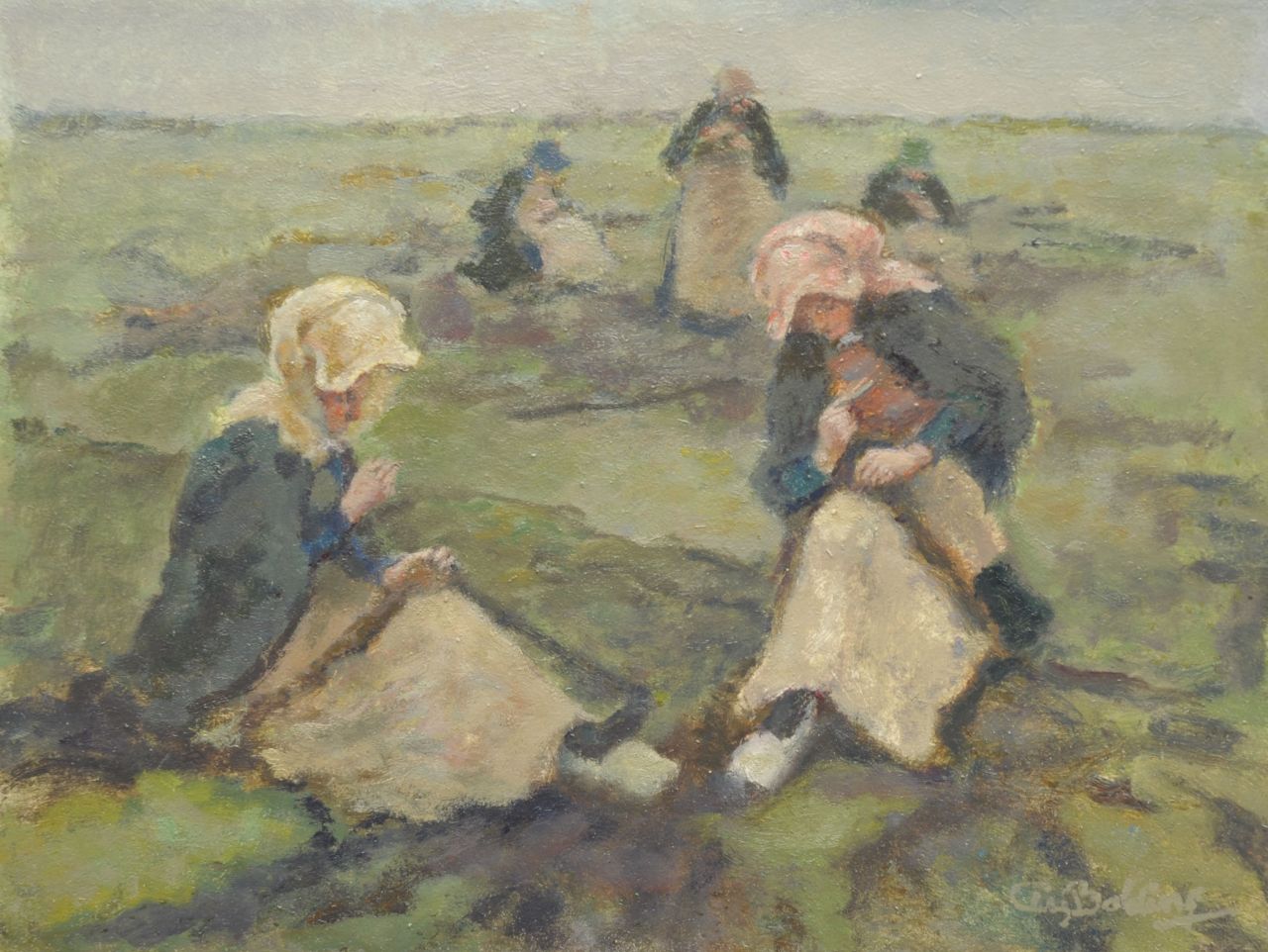 Bolding C. | Cornelis 'Cees' Bolding, Nettenboetsters, Scheveningen, olieverf op paneel 33,0 x 43,9 cm, gesigneerd rechtsonder en te dateren na 1936 Bolding C. | Cornelis 'Cees' Bolding, Nettenboetsters, Scheveningen, olieverf op paneel 33,0 x 43,9 cm, gesigneerd rechtsonder en te dateren na 1936