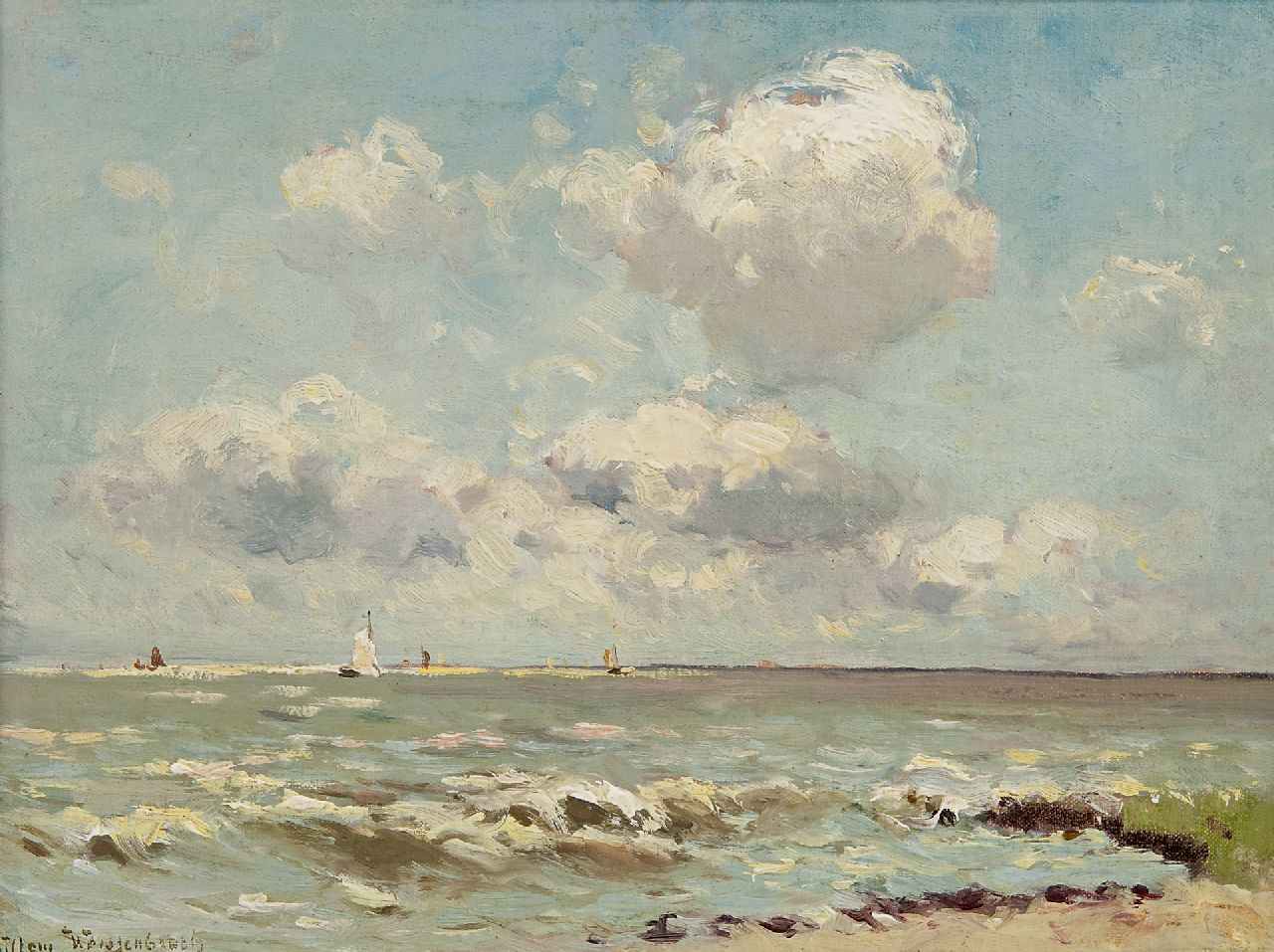 Weissenbruch W.J.  | 'Willem' Johannes Weissenbruch, Zeilschepen op zee, olieverf op doek op board 23,3 x 32,0 cm, gesigneerd linksonder