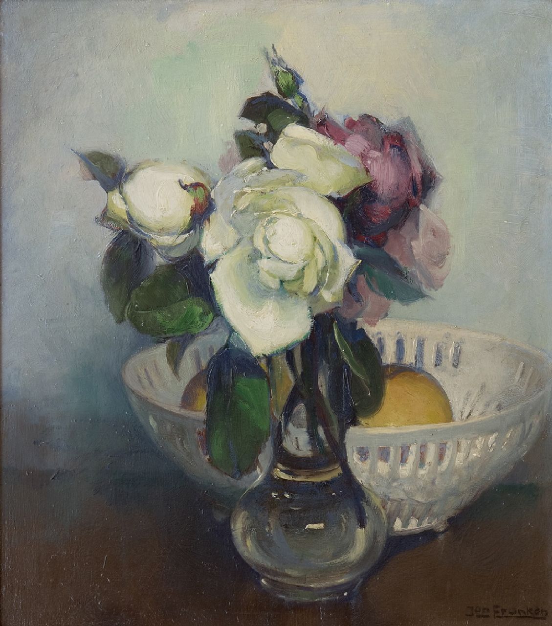 Jan Franken | Bloemstilleven, olieverf op paneel, 29,0 x 25,5 cm, gesigneerd r.o. en zonder lijst Jan Franken | Bloemstilleven, olieverf op paneel, 29,0 x 25,5 cm, gesigneerd r.o. en zonder lijst