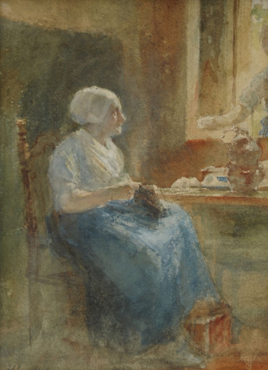 Mélis H.J. | Henricus Joannes Mélis, Breiende vrouw, aquarel op papier 32,0 x 23,0 cm, gesigneerd linksonder Mélis H.J. | Henricus Joannes Mélis, Breiende vrouw, aquarel op papier 32,0 x 23,0 cm, gesigneerd linksonder