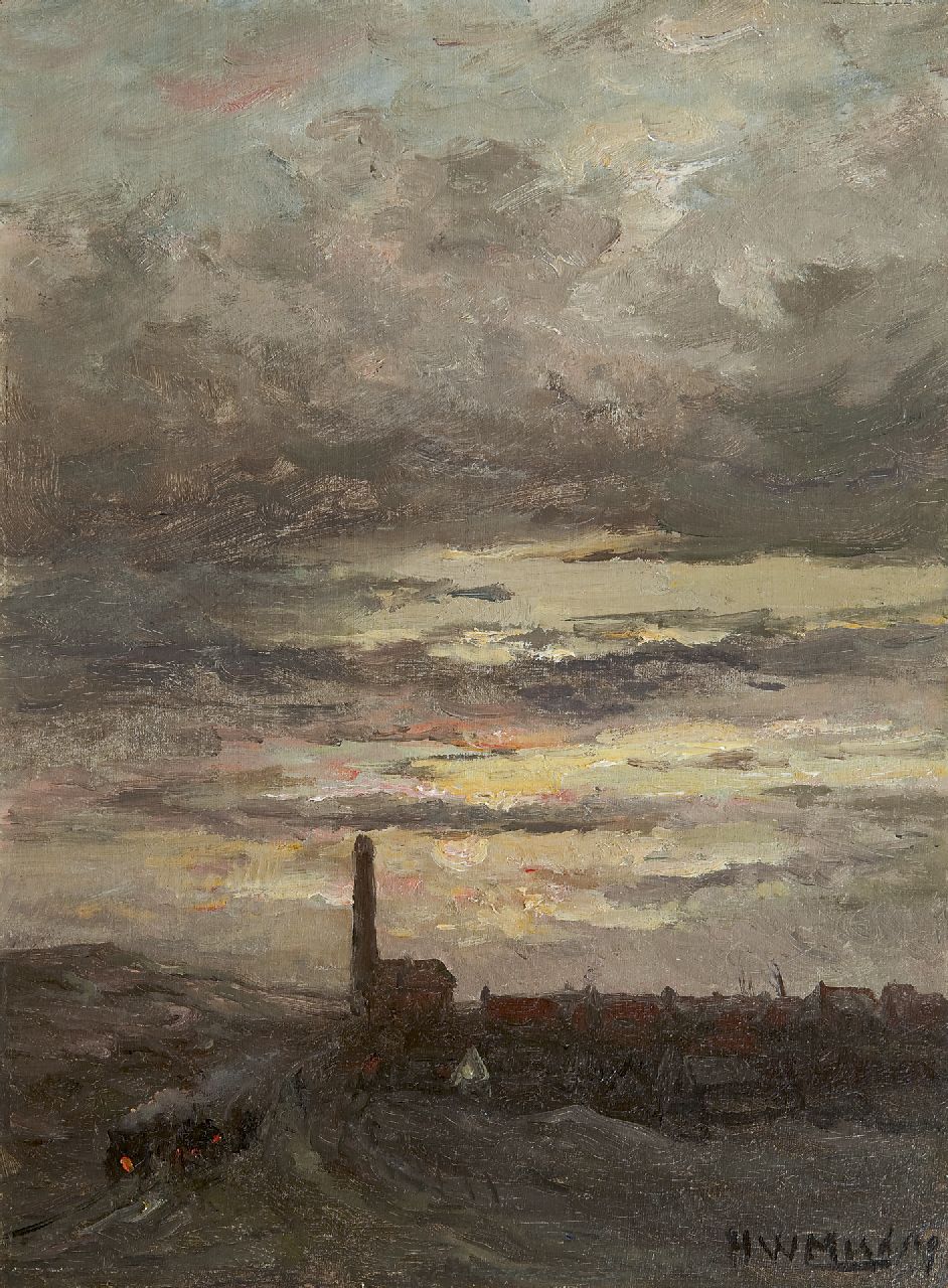 Mesdag H.W. | Hendrik Willem Mesdag, Dorpje in de duinen bij zonsondergang, olieverf op paneel 34,5 x 25,6 cm, gesigneerd rechtsonder Mesdag H.W. | Hendrik Willem Mesdag, Dorpje in de duinen bij zonsondergang, olieverf op paneel 34,5 x 25,6 cm, gesigneerd rechtsonder