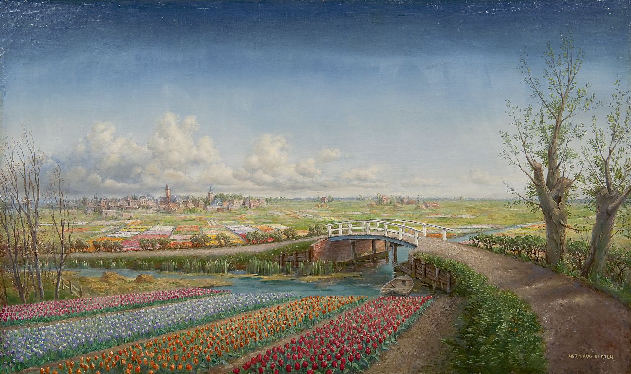 Berten H.H. | Hermann 'Hugo' Berten, Bollenvelden bij Noordwijk-Binnen, olieverf op doek 47,0 x 77,4 cm, gesigneerd rechtsonder en te dateren jaren '30/'40 Berten H.H. | Hermann 'Hugo' Berten, Bollenvelden bij Noordwijk-Binnen, olieverf op doek 47,0 x 77,4 cm, gesigneerd rechtsonder en te dateren jaren '30/'40