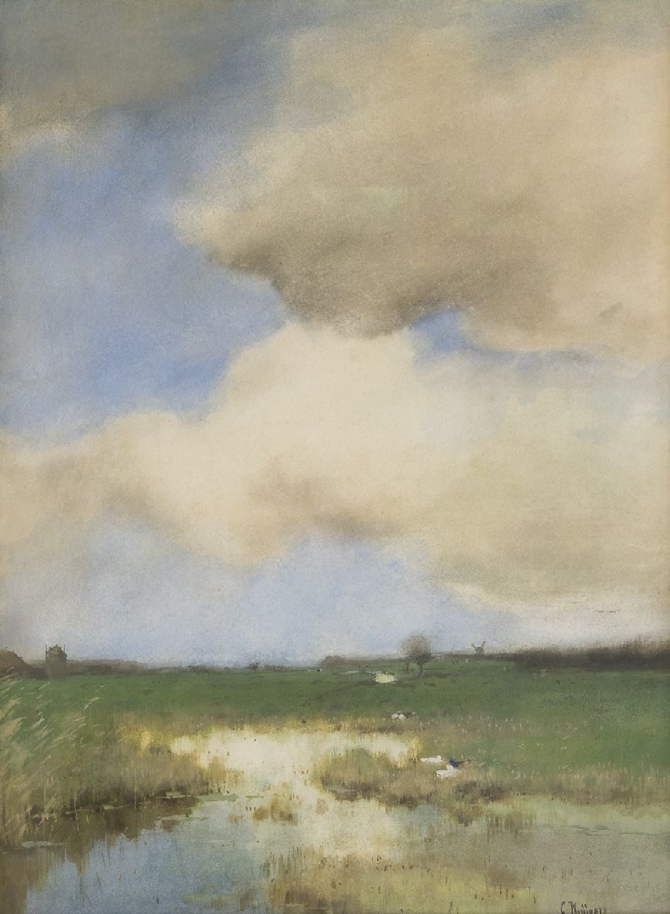 Kuijpers C.  | Cornelis Kuijpers | Aquarellen en tekeningen te koop aangeboden | Polderlandschap, aquarel op papier 52,4 x 38,6 cm, gesigneerd rechtsonder
