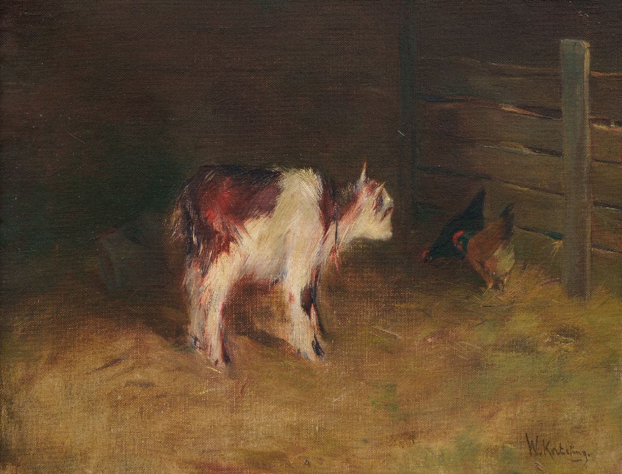 Korteling W.  | Willem Korteling, Geitje met kip, olieverf op doek 31,0 x 40,1 cm, gesigneerd rechtsonder
