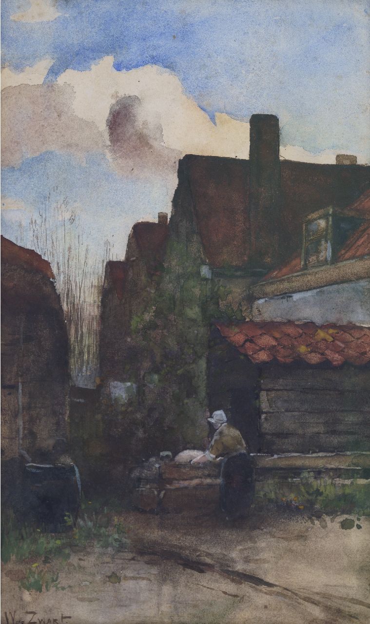 Zwart W.H.P.J. de | Wilhelmus Hendrikus Petrus Johannes 'Willem' de Zwart, Boerin voert het varken, aquarel op papier 36,3 x 21,6 cm, gesigneerd linksonder