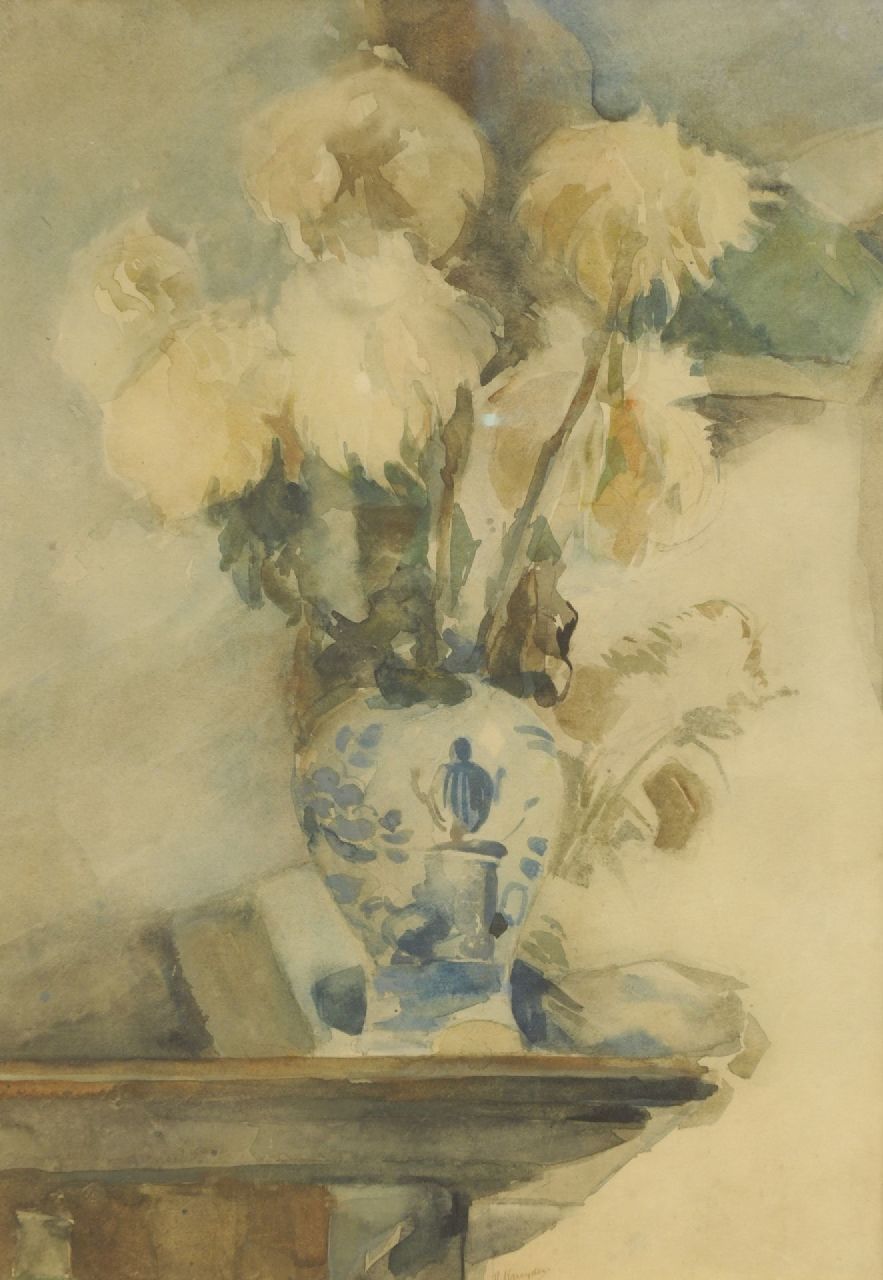 Kruyder H.J.  | 'Herman' Justus Kruyder, Chrysanten in Delfts blauwe vaas, gemengde techniek op papier 60,5 x 42,5 cm, gesigneerd middenonder