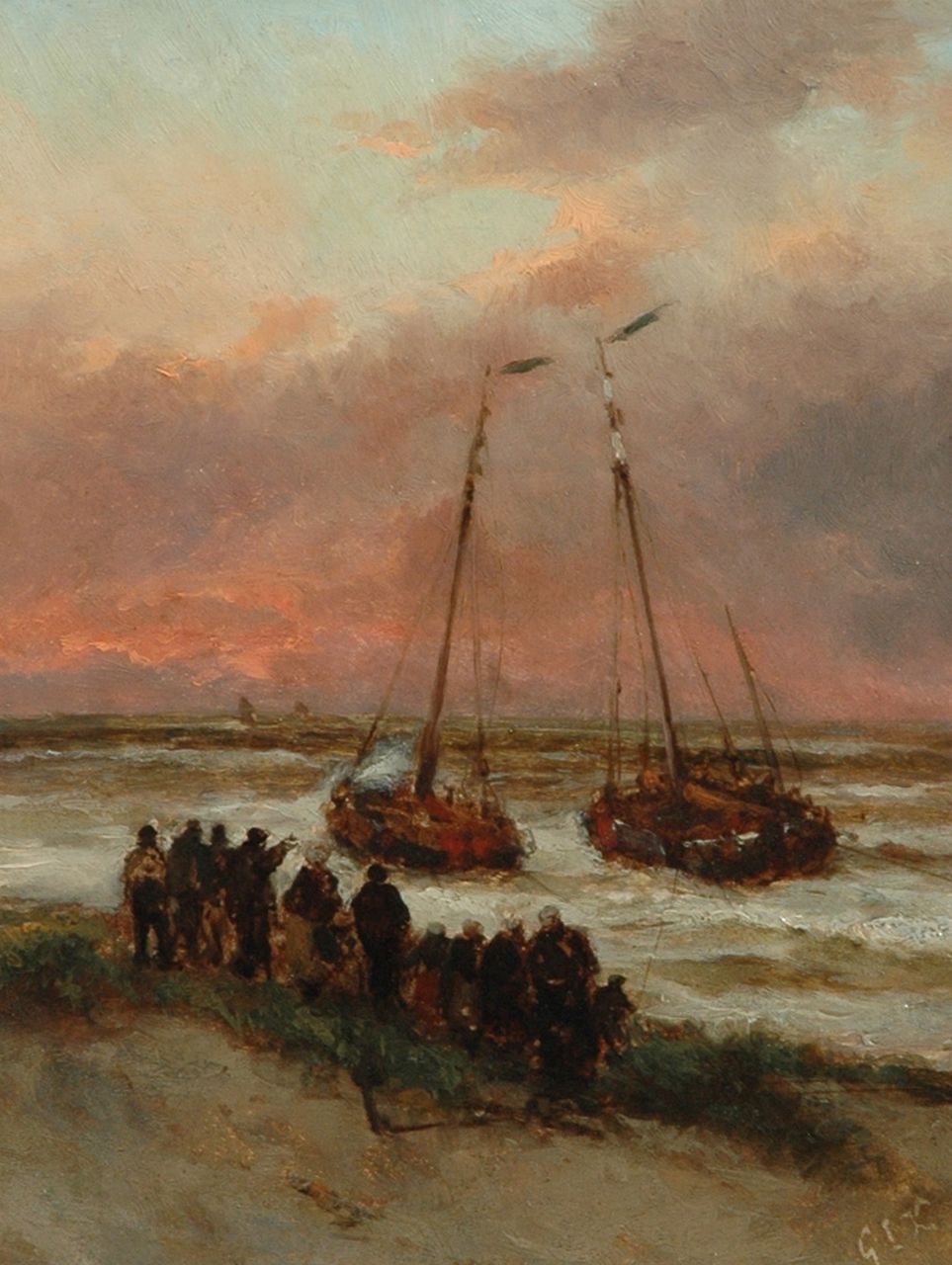 Kiers G.L.  | George Lourens Kiers, Het uitvaren van de vissersvloot, olieverf op schildersboard 22,7 x 17,5 cm, gesigneerd rechtsonder met ini + verso