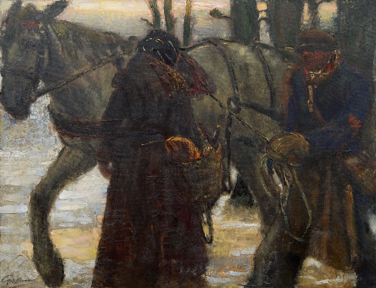 Westermann G.B.J. | Gerhardus Bernardus Josephus 'Gerard' Westermann | Schilderijen te koop aangeboden | Figuren bij een trekpaard, olieverf op doek 77,0 x 100,0 cm, gesigneerd linksonder Westermann G.B.J. | Gerhardus Bernardus Josephus 'Gerard' Westermann | Schilderijen te koop aangeboden | Figuren bij een trekpaard, olieverf op doek 77,0 x 100,0 cm, gesigneerd linksonder
