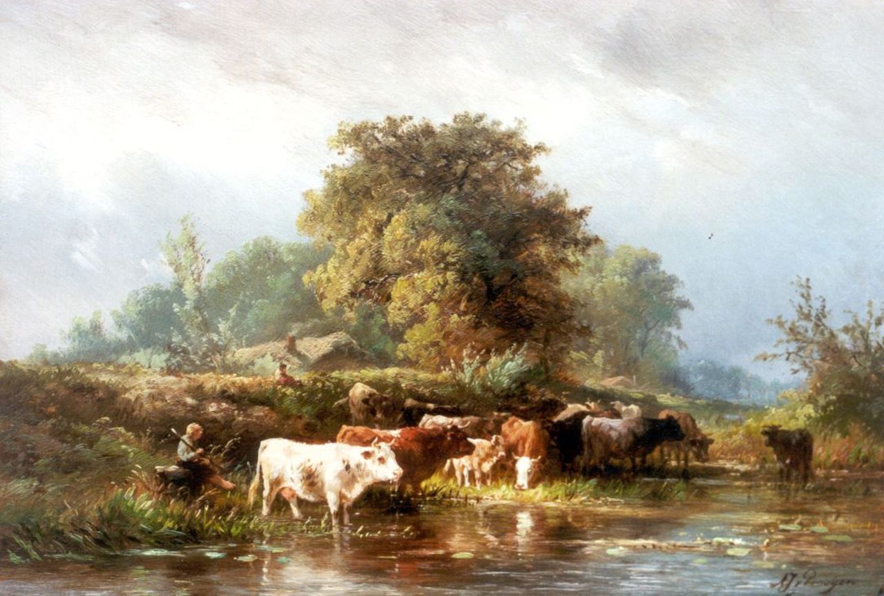 Prooijen A.J. van | Albert Jurardus van Prooijen, Landschap met drinkend vee, olieverf op paneel 23,0 x 33,4 cm, gesigneerd rechtsonder Prooijen A.J. van | Albert Jurardus van Prooijen, Landschap met drinkend vee, olieverf op paneel 23,0 x 33,4 cm, gesigneerd rechtsonder