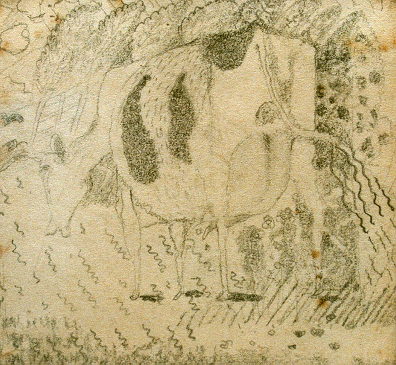 Kruyder H.J. | 'Herman' Justus Kruyder, Grazende koe, potlood op papier 11,3 x 11,0 cm, gesigneerd rechtsonder en gedateerd 1927 Kruyder H.J. | 'Herman' Justus Kruyder, Grazende koe, potlood op papier 11,3 x 11,0 cm, gesigneerd rechtsonder en gedateerd 1927