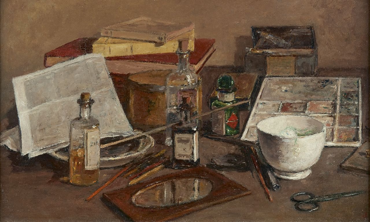 Storm van 's-Gravesande C.N. | Carel Nicolaas Storm van 's-Gravesande, Atelierstilleven, olieverf op paneel 36,8 x 60,0 cm, gesigneerd rechtsonder mon Storm van 's-Gravesande C.N. | Carel Nicolaas Storm van 's-Gravesande, Atelierstilleven, olieverf op paneel 36,8 x 60,0 cm, gesigneerd rechtsonder mon