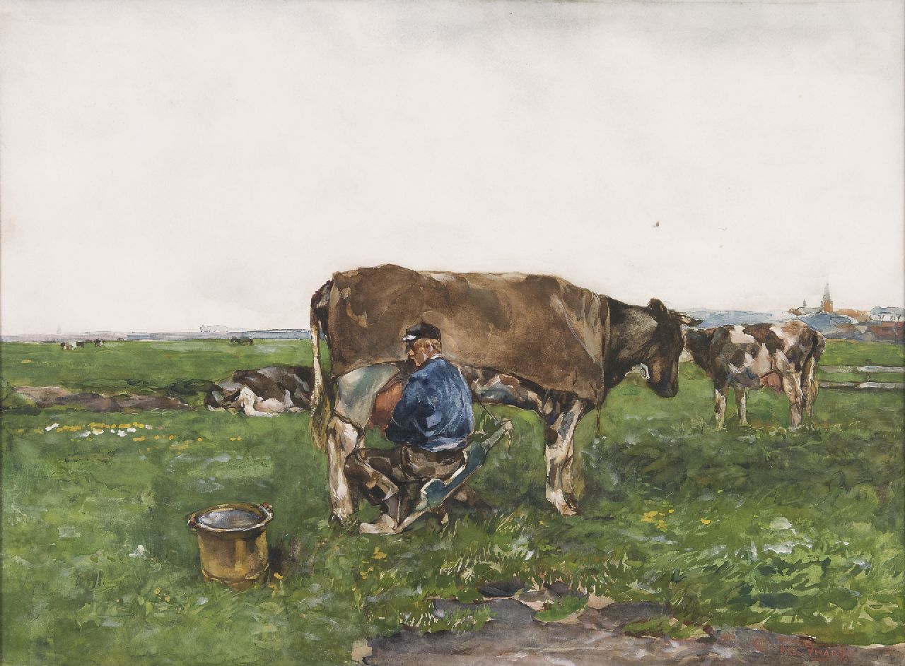 Zwart W.H.P.J. de | Wilhelmus Hendrikus Petrus Johannes 'Willem' de Zwart, Melktijd, aquarel en gouache op papier 52,0 x 72,0 cm, gesigneerd rechtsonder Zwart W.H.P.J. de | Wilhelmus Hendrikus Petrus Johannes 'Willem' de Zwart, Melktijd, aquarel en gouache op papier 52,0 x 72,0 cm, gesigneerd rechtsonder