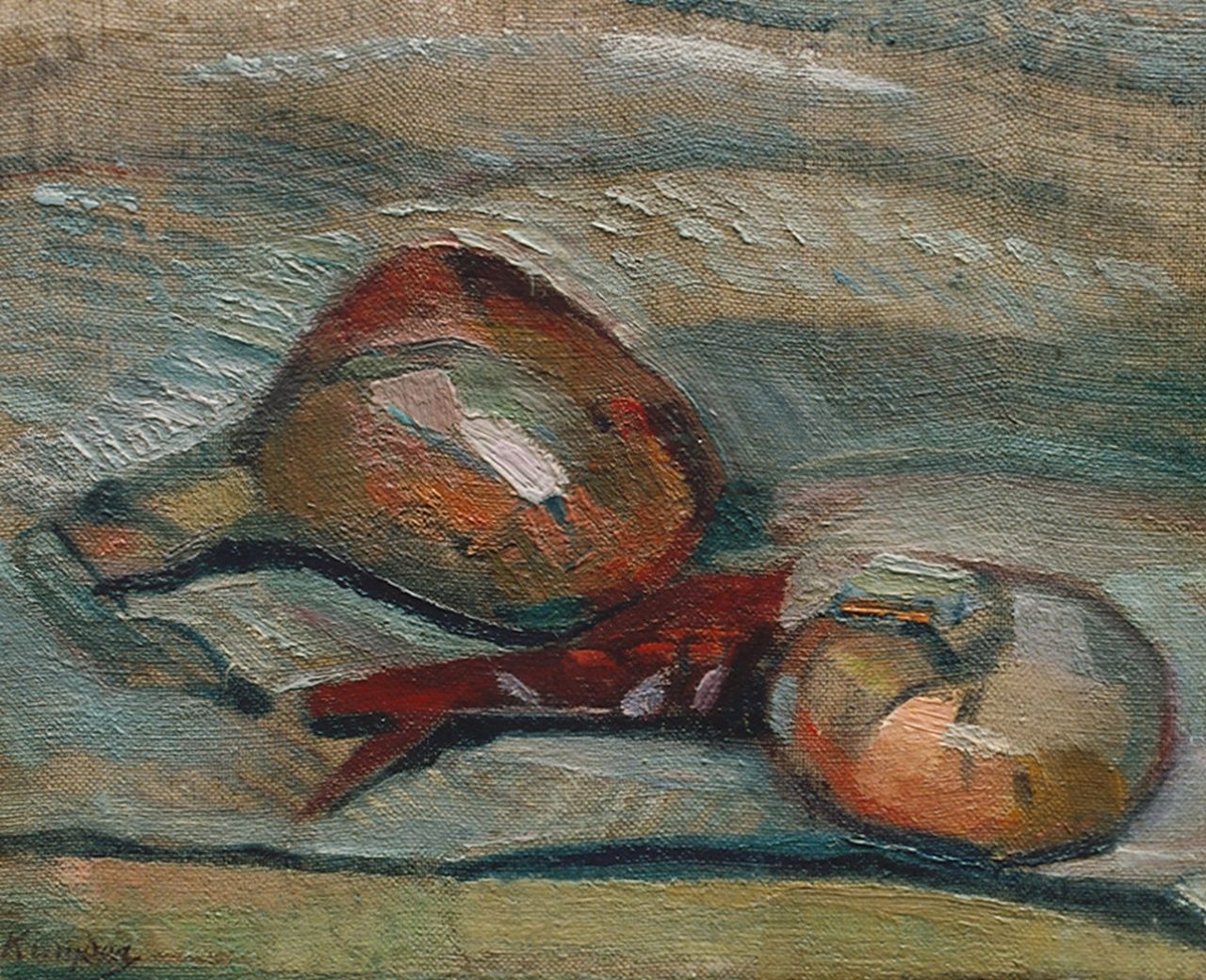Kruyder H.J. | 'Herman' Justus Kruyder, Stilleven met uien, olieverf op doek op paneel 21,0 x 26,0 cm, gesigneerd linksonder Kruyder H.J. | 'Herman' Justus Kruyder, Stilleven met uien, olieverf op doek op paneel 21,0 x 26,0 cm, gesigneerd linksonder