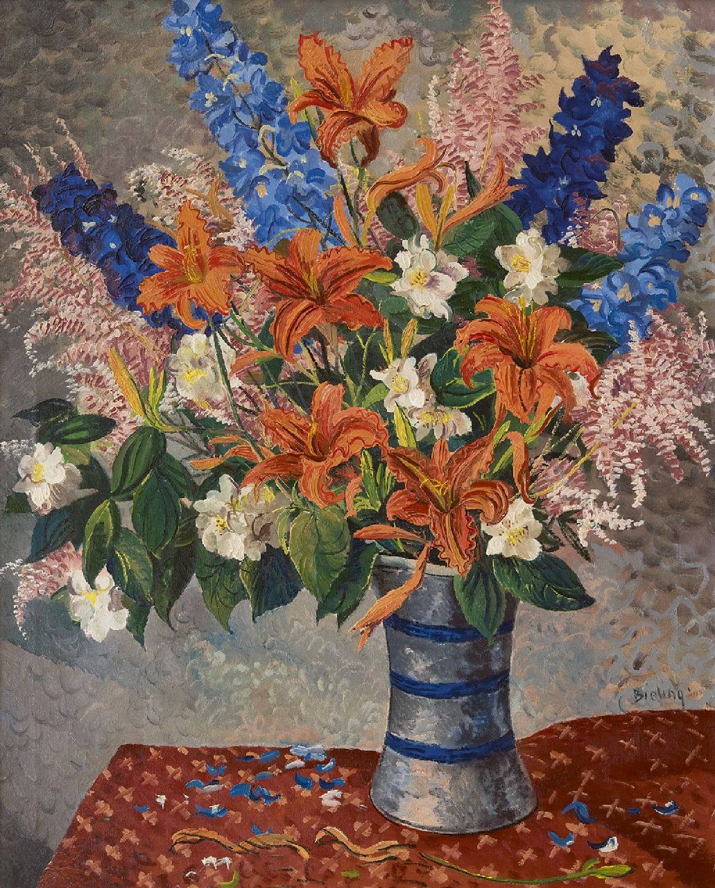 Bieling H.F. | Hermann Friederich 'Herman' Bieling | Schilderijen te koop aangeboden | Bloemstilleven, olieverf op doek 69,2 x 57,4 cm, gesigneerd rechts van het midden Bieling H.F. | Hermann Friederich 'Herman' Bieling | Schilderijen te koop aangeboden | Bloemstilleven, olieverf op doek 69,2 x 57,4 cm, gesigneerd rechts van het midden
