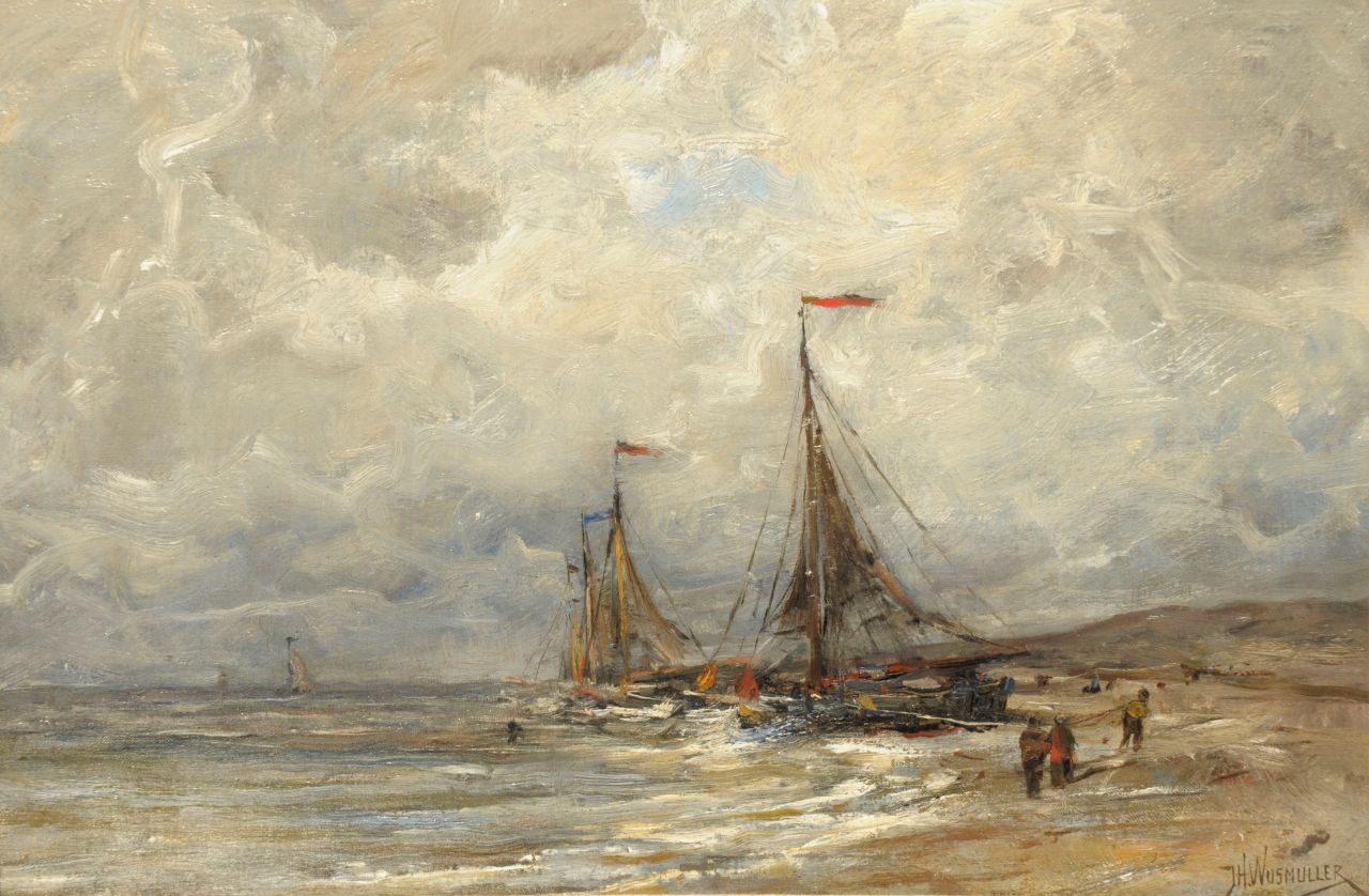Wijsmuller J.H. | Jan Hillebrand Wijsmuller, Bomschuiten op het strand bij Egmond aan Zee, olieverf op doek 32,1 x 48,2 cm, gesigneerd rechtsonder Wijsmuller J.H. | Jan Hillebrand Wijsmuller, Bomschuiten op het strand bij Egmond aan Zee, olieverf op doek 32,1 x 48,2 cm, gesigneerd rechtsonder
