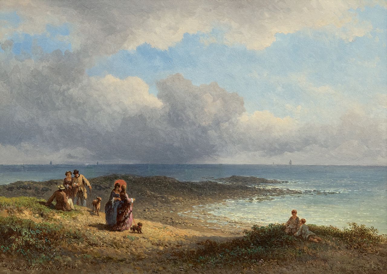 Hilverdink J. | Johannes Hilverdink | Schilderijen te koop aangeboden | Elegante wandelaars aan de Franse kust, olieverf op paneel 23,6 x 34,2 cm, gesigneerd linksonder en gedateerd 1873 Hilverdink J. | Johannes Hilverdink | Schilderijen te koop aangeboden | Elegante wandelaars aan de Franse kust, olieverf op paneel 23,6 x 34,2 cm, gesigneerd linksonder en gedateerd 1873