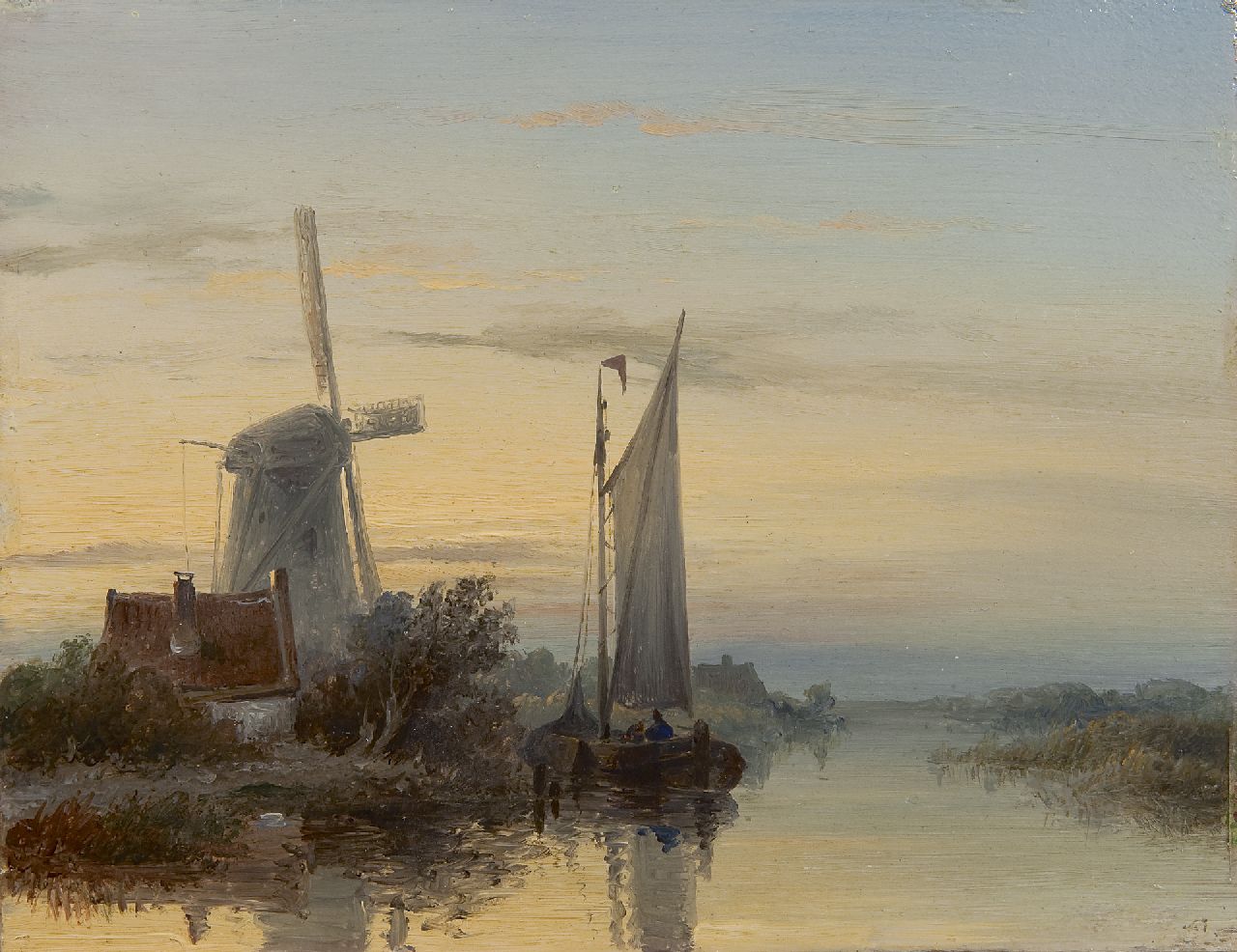 Hilverdink J.  | Johannes Hilverdink, Afgemeerde platbodem bij een molen, olieverf op paneel 17,3 x 22,2 cm, gesigneerd rechtsonder resten van signatuur