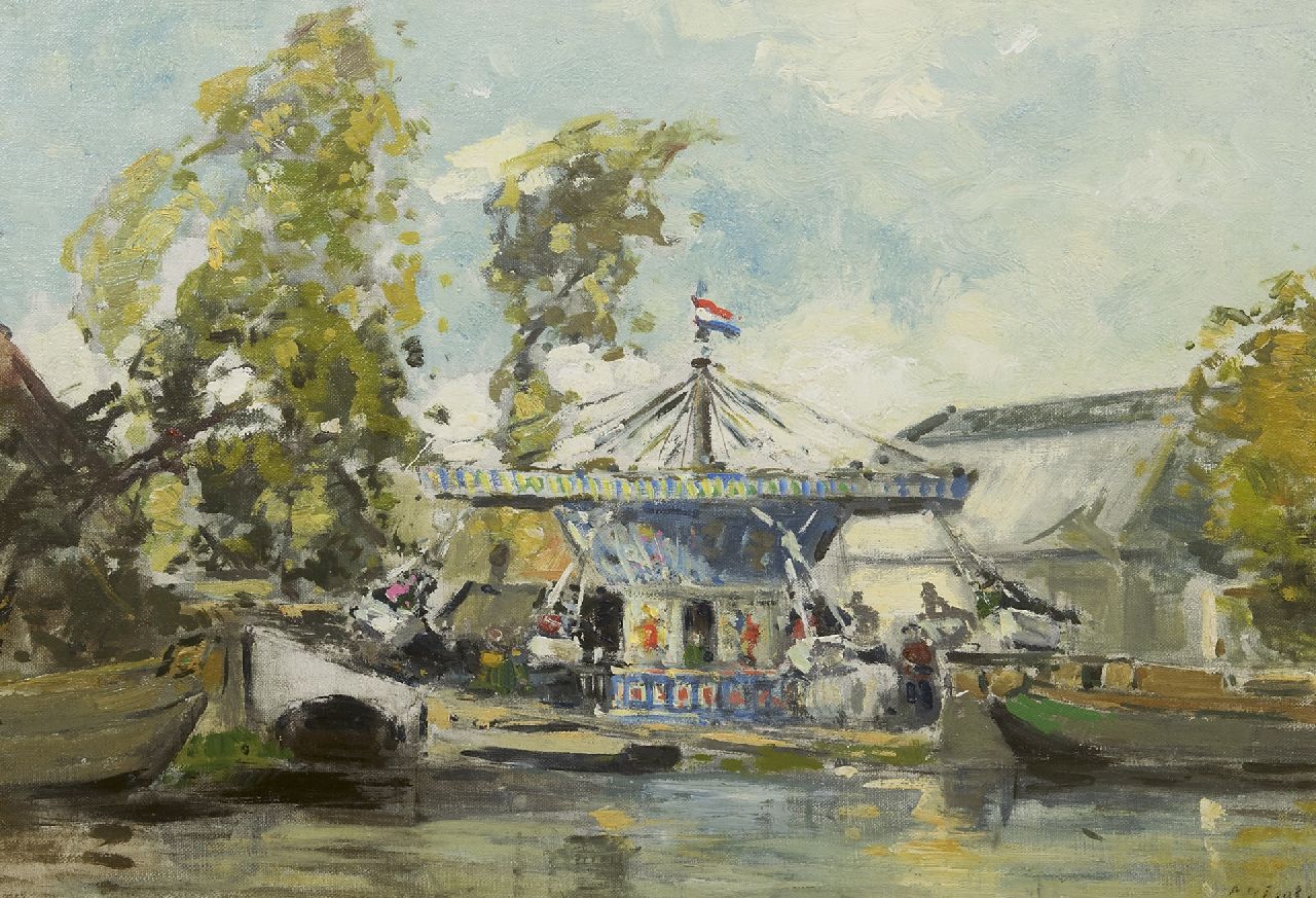 Regt P. de | Pieter 'Piet' de Regt, Zweefmolen aan de waterkant, olieverf op doek op paneel 39,8 x 56,7 cm, gesigneerd rechtsonder en verso Regt P. de | Pieter 'Piet' de Regt, Zweefmolen aan de waterkant, olieverf op doek op paneel 39,8 x 56,7 cm, gesigneerd rechtsonder en verso