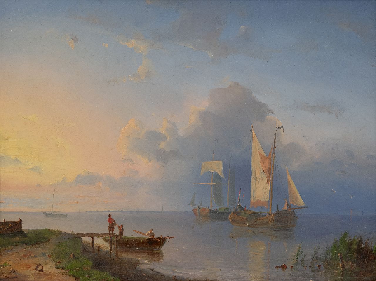 Dommershuijzen P.C.  | Pieter Cornelis Dommershuijzen | Schilderijen te koop aangeboden | Rivierlandschap met zeilschepen bij opkomende zon, olieverf op paneel 22,0 x 32,6 cm, gesigneerd linksonder met initialen en gedateerd '54, zonder lijst
