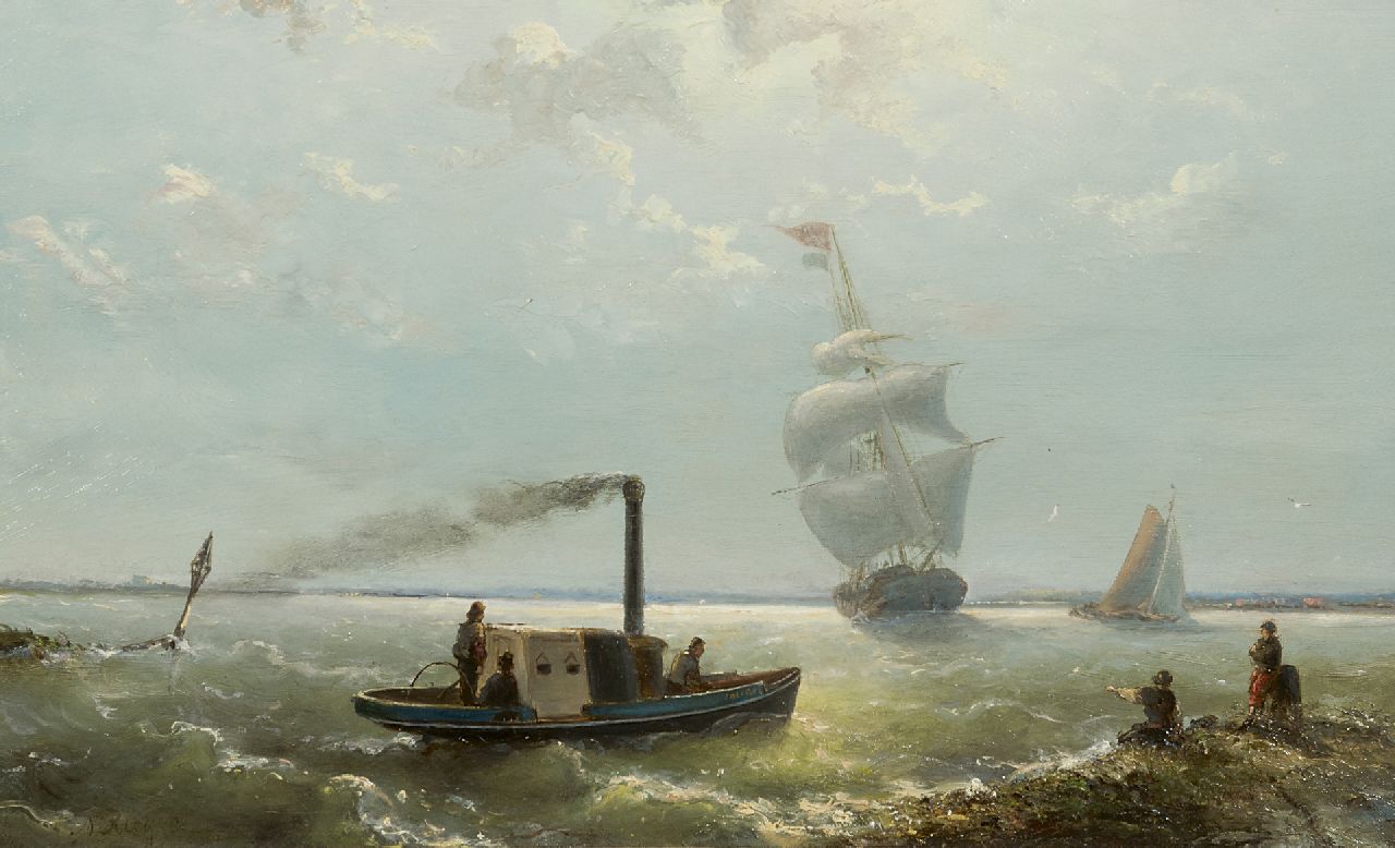 Riegen N. | Nicolaas Riegen, Stoomschip voor de kust, olieverf op paneel 24,9 x 40,0 cm, gesigneerd linksonder Riegen N. | Nicolaas Riegen, Stoomschip voor de kust, olieverf op paneel 24,9 x 40,0 cm, gesigneerd linksonder