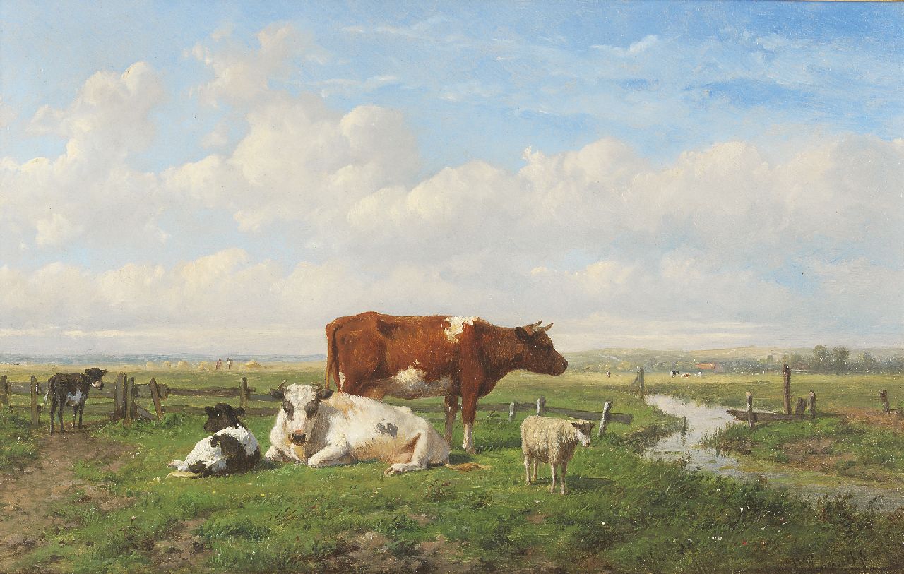 Wijngaerdt A.J. van | Anthonie Jacobus van Wijngaerdt, Hollands weidelandschap met vee, olieverf op paneel 22,6 x 36,0 cm, gesigneerd rechtsonder Wijngaerdt A.J. van | Anthonie Jacobus van Wijngaerdt, Hollands weidelandschap met vee, olieverf op paneel 22,6 x 36,0 cm, gesigneerd rechtsonder