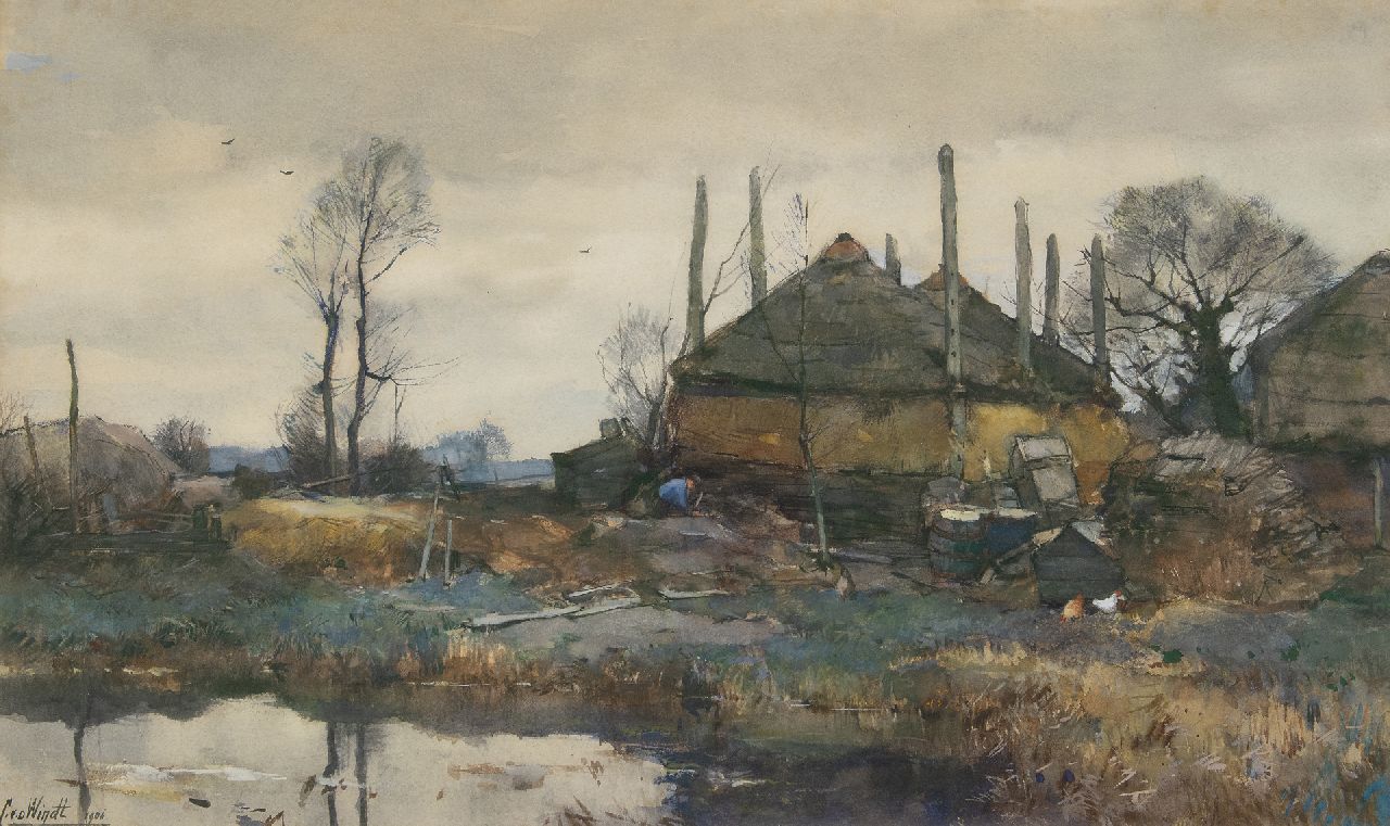 Windt Ch. van der | Christophe 'Chris' van der Windt | Aquarellen en tekeningen te koop aangeboden | Boerderij aan het water, aquarel en gouache op papier 42,3 x 70,2 cm, gesigneerd linksonder en gedateerd 1906