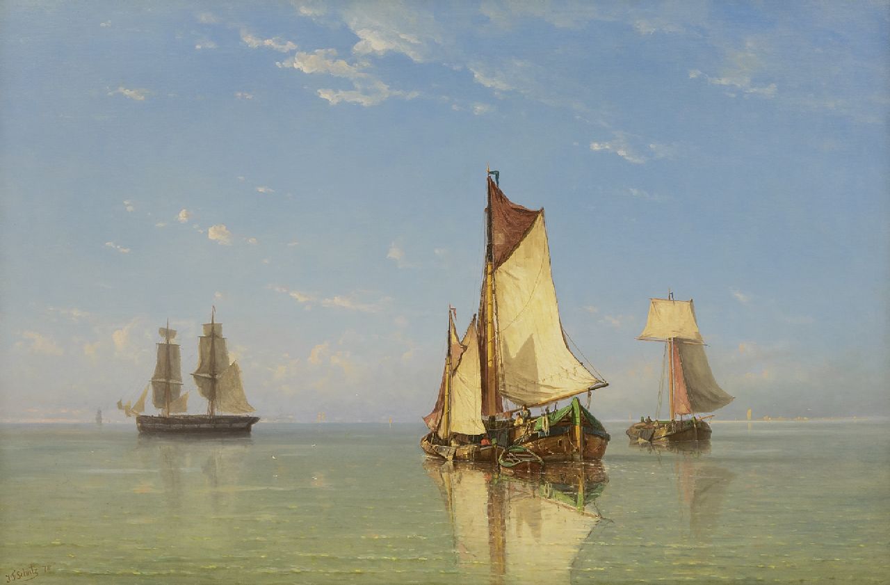 Jan Frederik Schütz | Schepen op kalme zee, olieverf op doek, 70,1 x 104,9 cm, gesigneerd l.o. en gedateerd '78