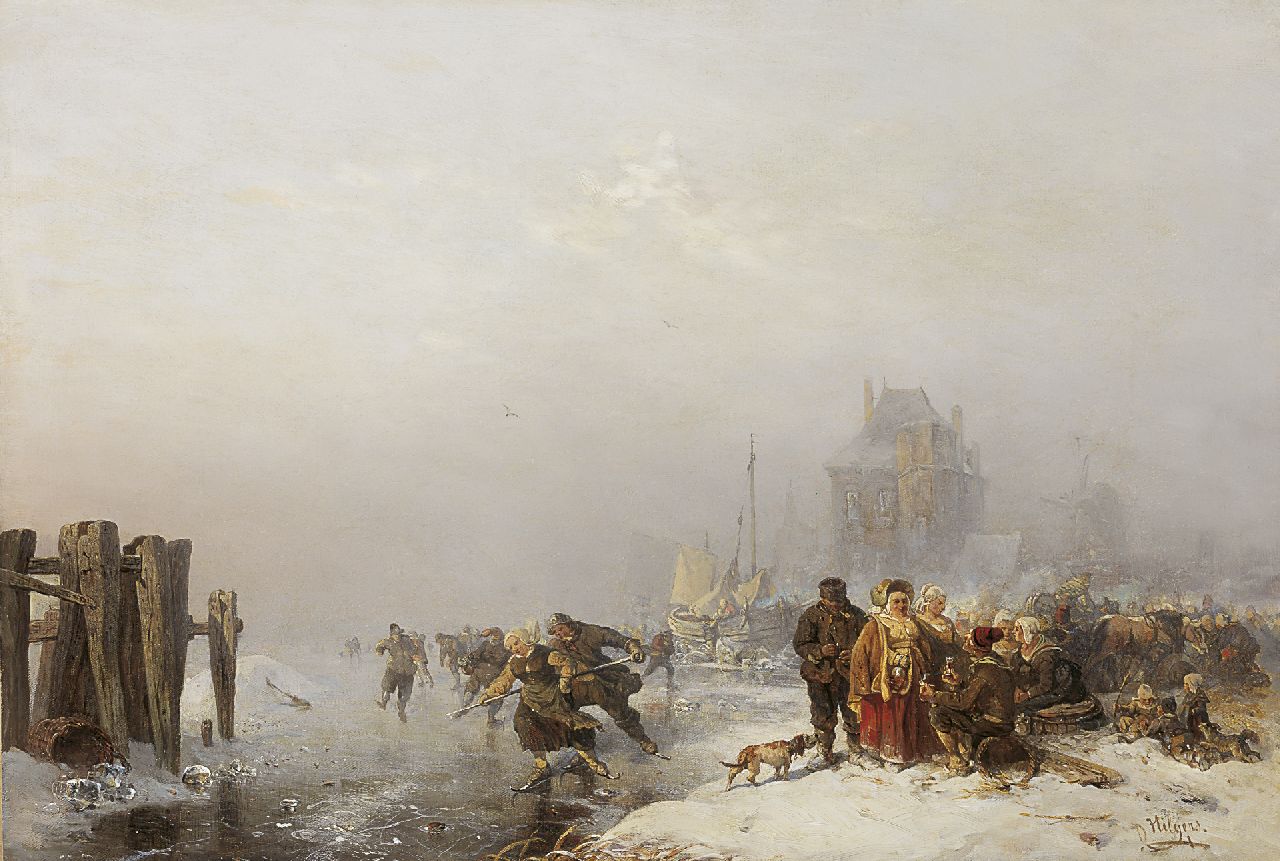 Hilgers C. | Carl Hilgers, IJspret op een bevroren rivier, olieverf op doek 48,7 x 65,9 cm, gesigneerd rechtsonder en verso gedateerd 1886 Hilgers C. | Carl Hilgers, IJspret op een bevroren rivier, olieverf op doek 48,7 x 65,9 cm, gesigneerd rechtsonder en verso gedateerd 1886