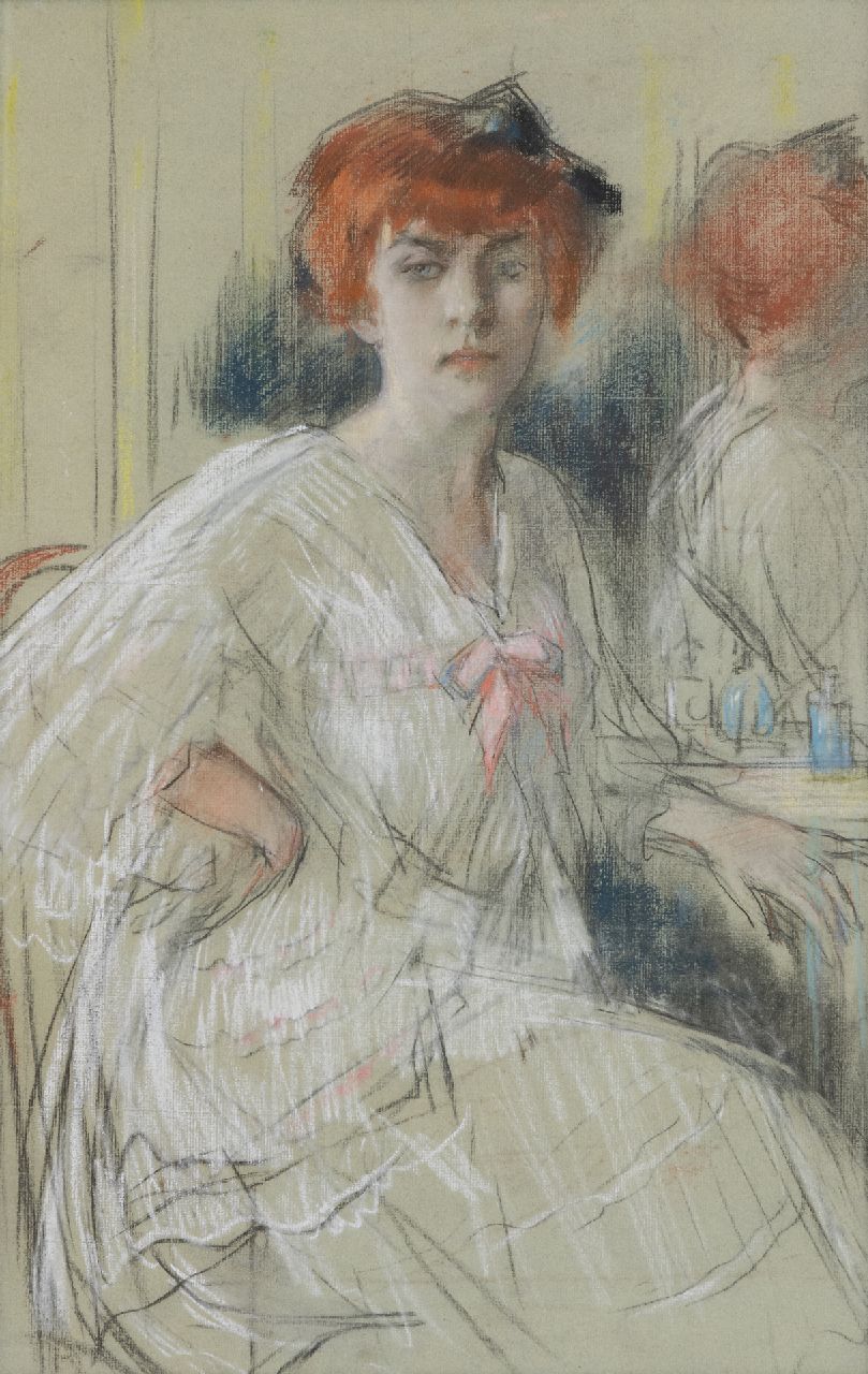 Garf S.  | Salomon Garf | Aquarellen en tekeningen te koop aangeboden | Jonge vrouw voor haar kaptafel, pastel op papier 59,9 x 38,5 cm