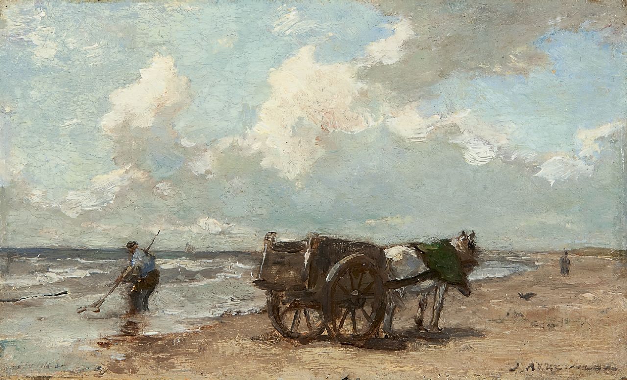 Akkeringa J.E.H.  | 'Johannes Evert' Hendrik Akkeringa, Schelpenvisser in de branding, olieverf op paneel 14,6 x 23,8 cm, gesigneerd rechtsonder