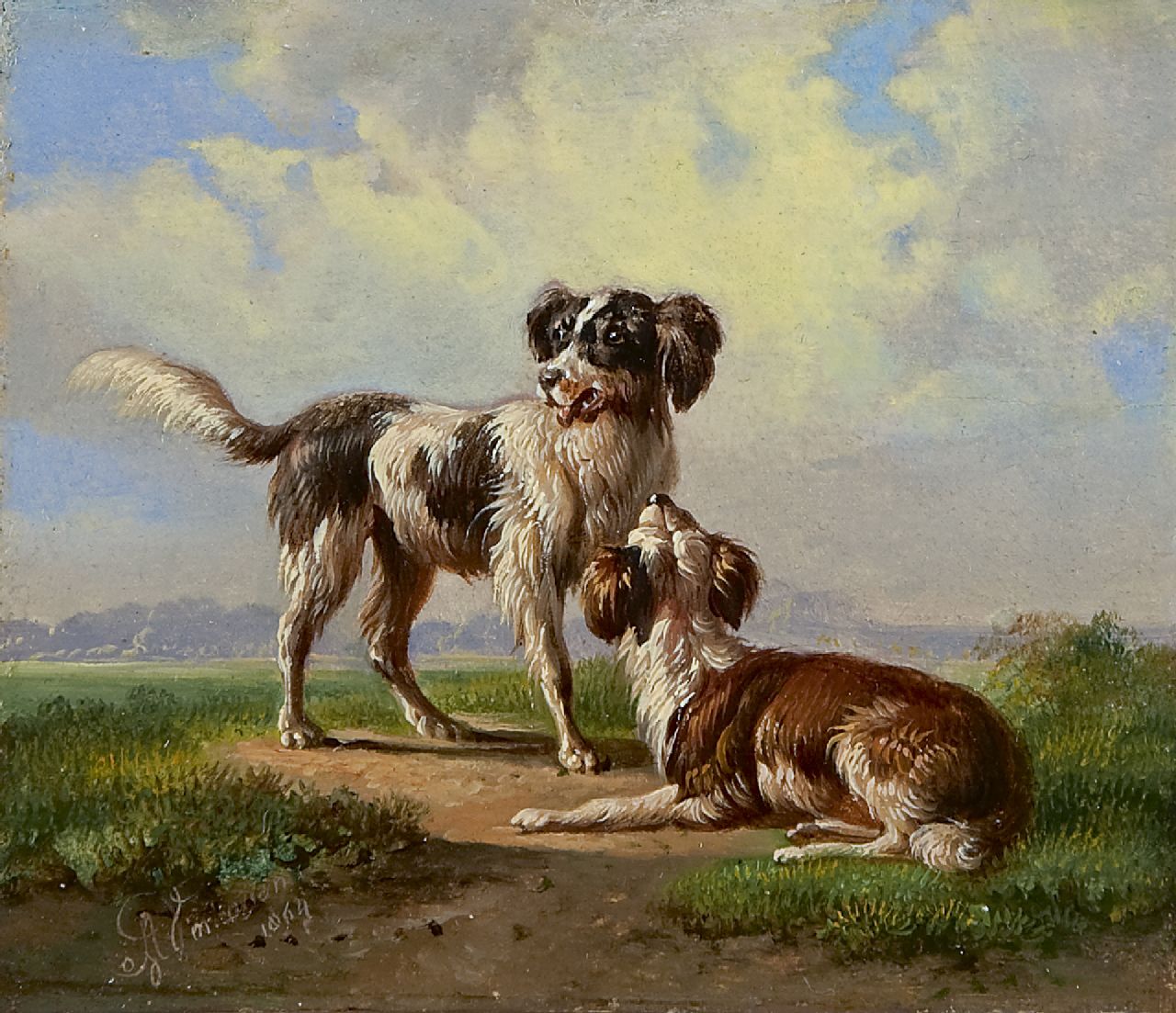 Verhoesen A.  | Albertus Verhoesen, Twee jachthonden in een landschap, olieverf op paneel 10,8 x 12,4 cm, gesigneerd linksonder en gedateerd 1864