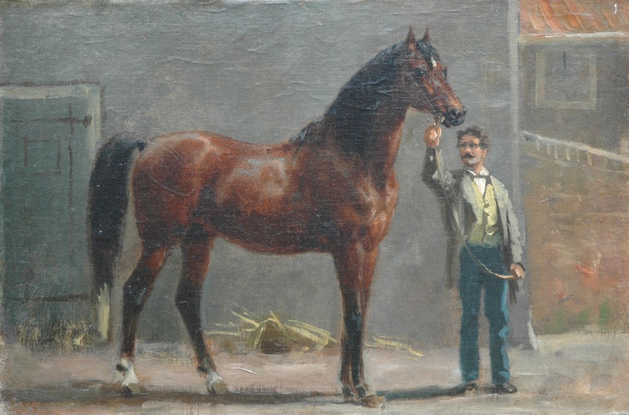 Eerelman O. | Otto Eerelman, Volbloedhengst met begeleider in stal, olieverf op doek op paneel 35,0 x 52,0 cm Eerelman O. | Otto Eerelman, Volbloedhengst met begeleider in stal, olieverf op doek op paneel 35,0 x 52,0 cm