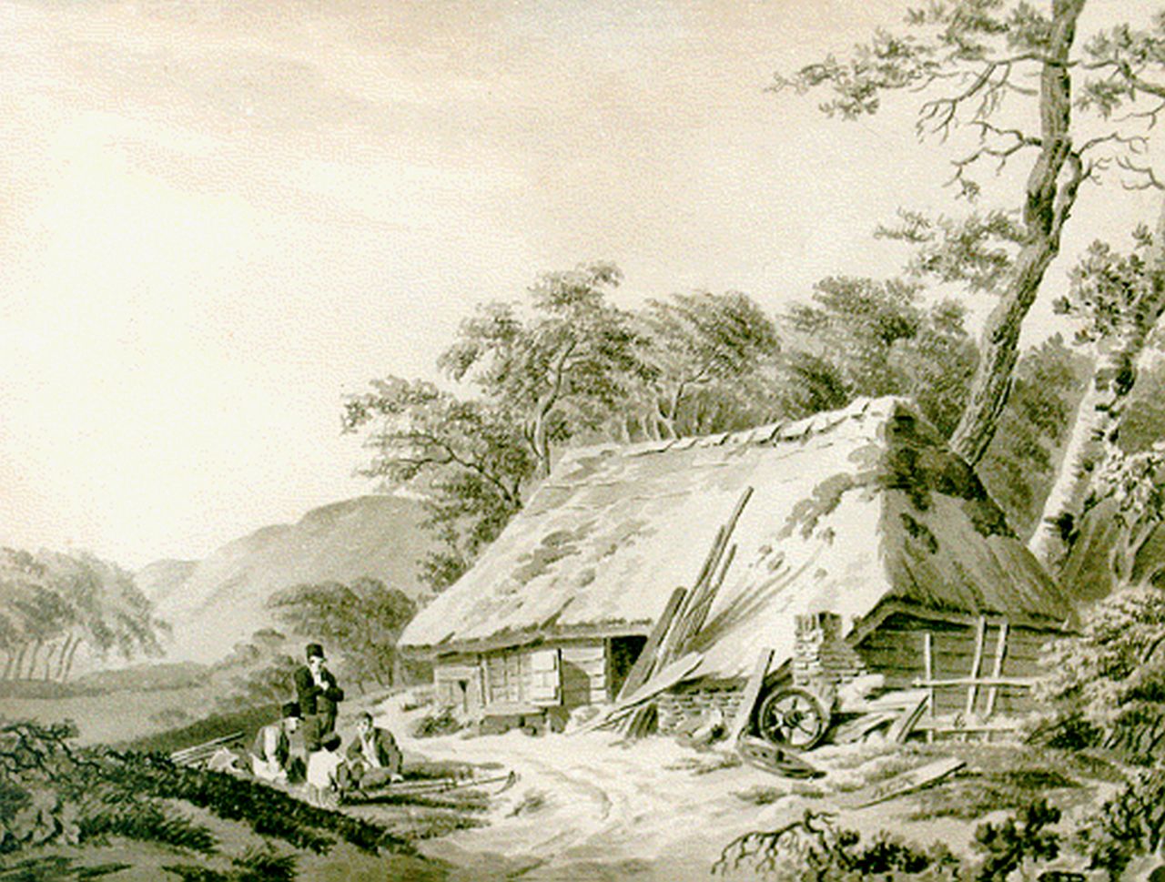 Koekkoek B.C. | Barend Cornelis Koekkoek, Bij de boerderij, sepia op papier 18,0 x 23,5 cm, gesigneerd rechtsonder mon Koekkoek B.C. | Barend Cornelis Koekkoek, Bij de boerderij, sepia op papier 18,0 x 23,5 cm, gesigneerd rechtsonder mon