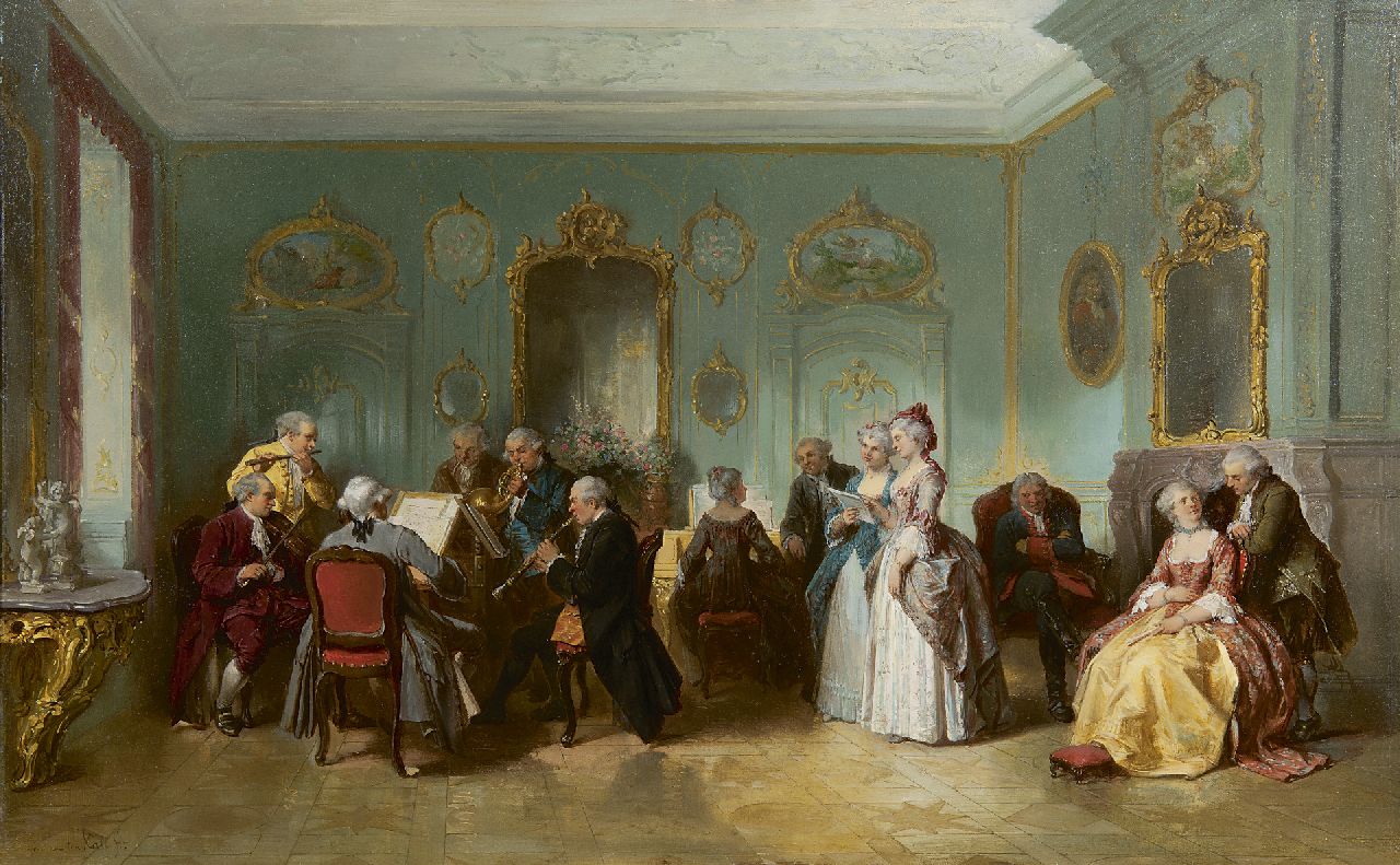 Kate H.F.C. ten | 'Herman' Frederik Carel ten Kate, De muziekavond, olieverf op paneel 45,0 x 71,5 cm, gesigneerd linksonder Kate H.F.C. ten | 'Herman' Frederik Carel ten Kate, De muziekavond, olieverf op paneel 45,0 x 71,5 cm, gesigneerd linksonder