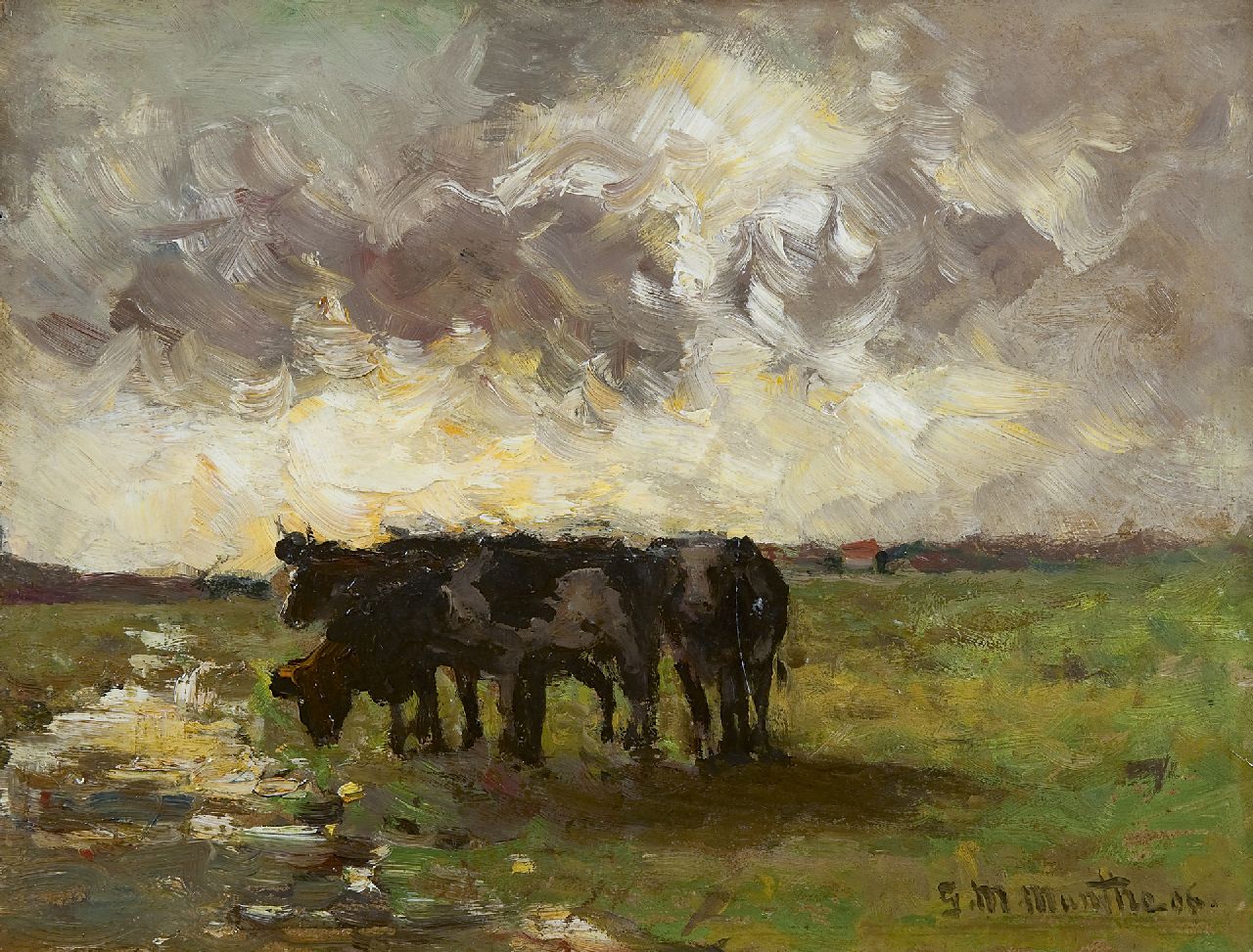 Munthe G.A.L. | Gerhard Arij Ludwig 'Morgenstjerne' Munthe, Koeien in de wei, olieverf op schildersboard 25,2 x 32,9 cm, gesigneerd rechtsonder en gedateerd '06 Munthe G.A.L. | Gerhard Arij Ludwig 'Morgenstjerne' Munthe, Koeien in de wei, olieverf op schildersboard 25,2 x 32,9 cm, gesigneerd rechtsonder en gedateerd '06