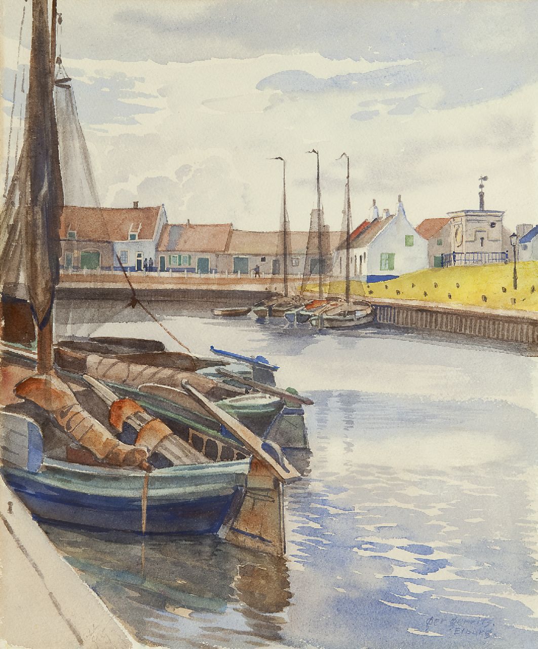 Gerrits G.J. | Gerrit Jacobus 'Ger' Gerrits | Aquarellen en tekeningen te koop aangeboden | De haven van Elburg, aquarel op papier 37,7 x 30,9 cm, gesigneerd rechtsonder en te dateren ca. 1939 Gerrits G.J. | Gerrit Jacobus 'Ger' Gerrits | Aquarellen en tekeningen te koop aangeboden | De haven van Elburg, aquarel op papier 37,7 x 30,9 cm, gesigneerd rechtsonder en te dateren ca. 1939