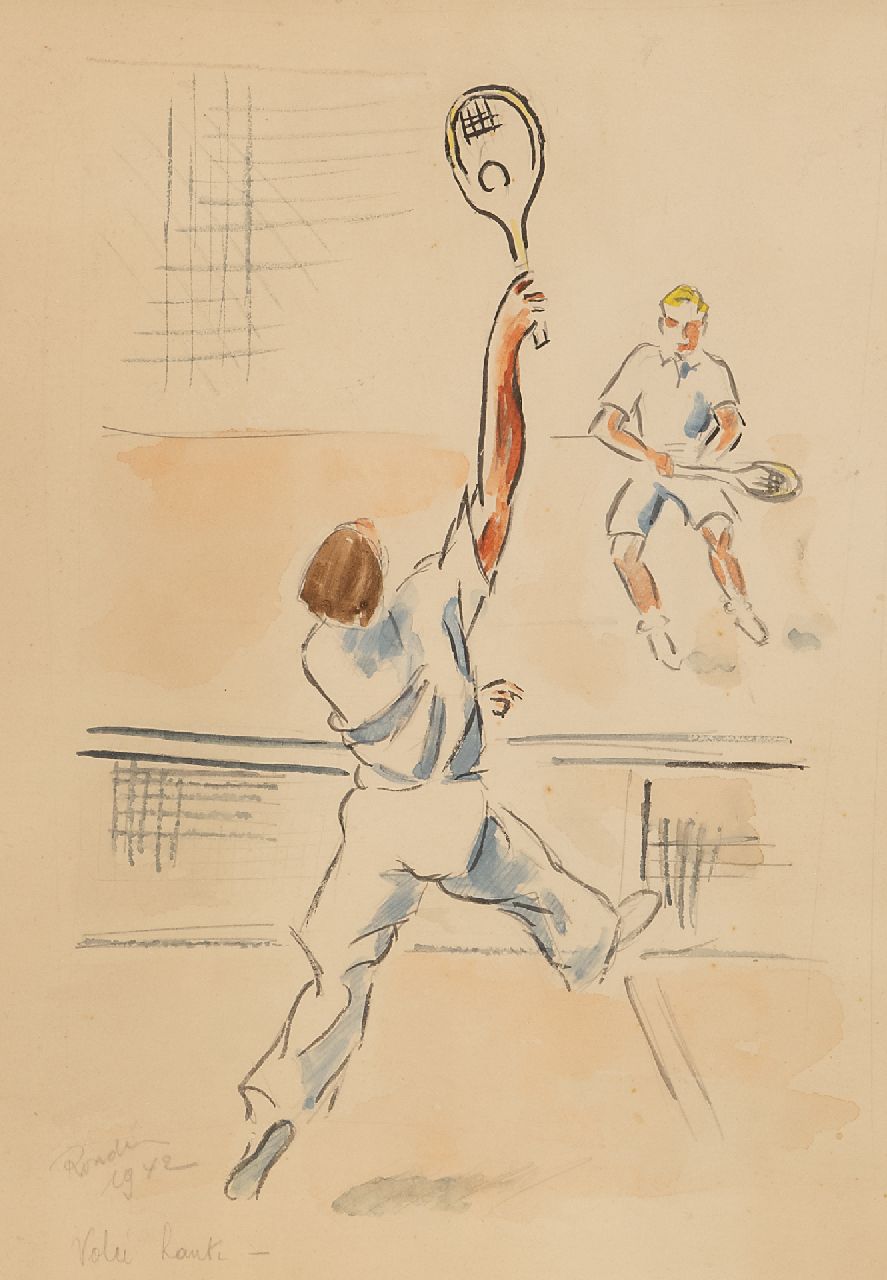 Franse School, 20e eeuw | Franse School, 20e eeuw | Aquarellen en tekeningen te koop aangeboden | Tennisspelers, gemengde techniek op papier 27,5 x 19,5 cm, gesigneerd linksonder ('Ronde' vaag) en gedateerd 1942 Franse School, 20e eeuw | Franse School, 20e eeuw | Aquarellen en tekeningen te koop aangeboden | Tennisspelers, gemengde techniek op papier 27,5 x 19,5 cm, gesigneerd linksonder ('Ronde' vaag) en gedateerd 1942