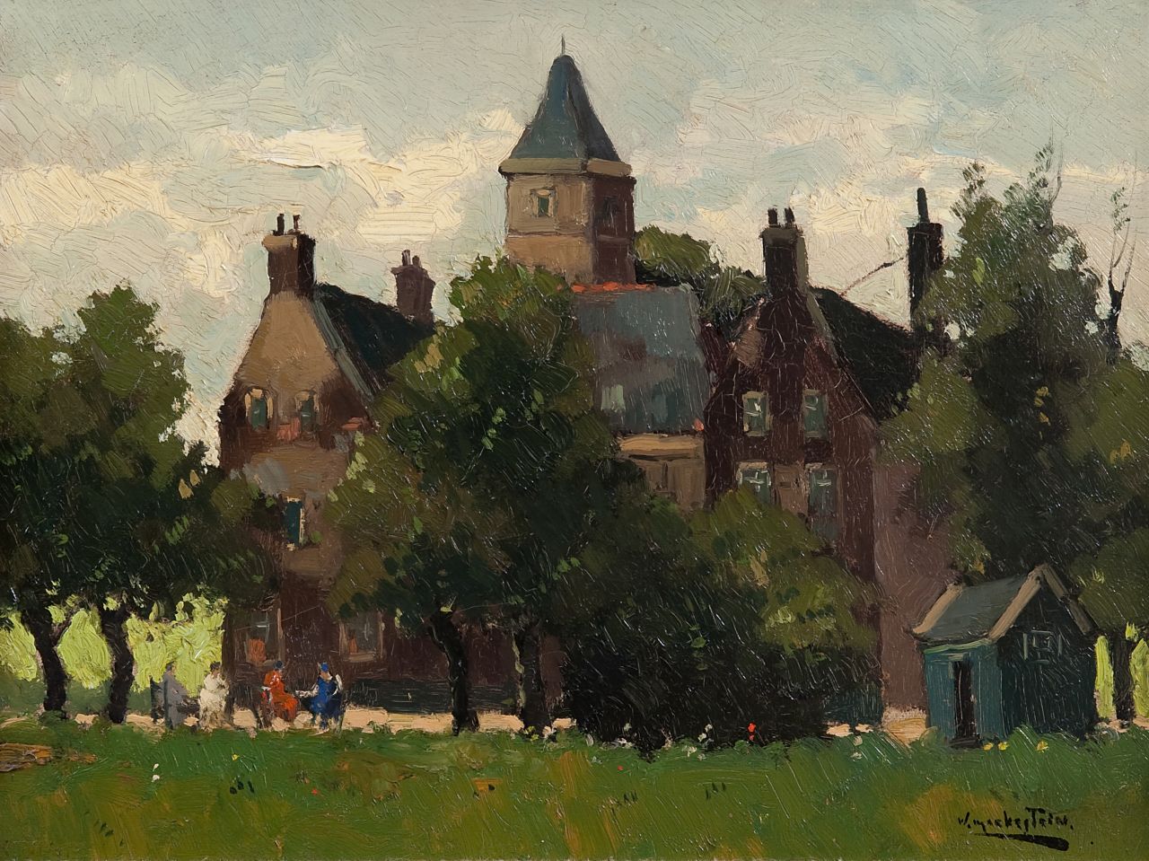 Knikker sr. J.S. | 'Jan' Simon Knikker sr., Theetijd bij kasteel De Wittenburg, Wassenaar, olieverf op doek 30,6 x 40,4 cm, gesigneerd rechtsonder met pseudoniem 'W. Markestein' Knikker sr. J.S. | 'Jan' Simon Knikker sr., Theetijd bij kasteel De Wittenburg, Wassenaar, olieverf op doek 30,6 x 40,4 cm, gesigneerd rechtsonder met pseudoniem 'W. Markestein'