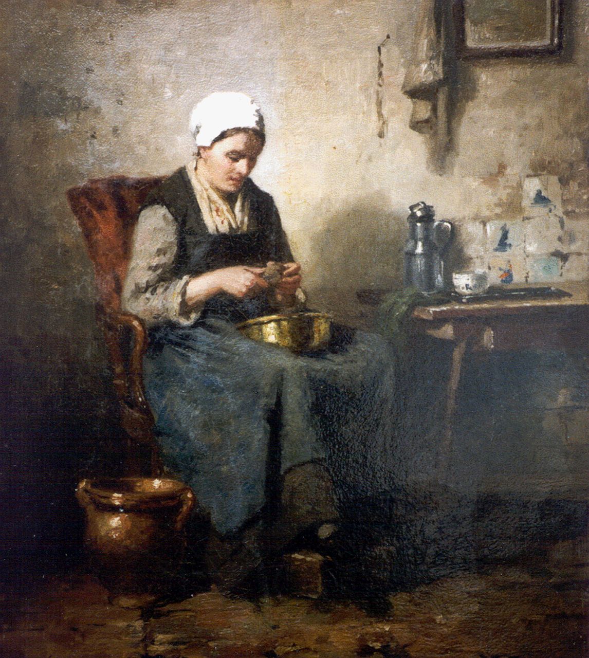 Weiland J.  | Johannes Weiland, Het schillen van de aardappels, olieverf op doek 39,8 x 34,5 cm, gesigneerd linksonder