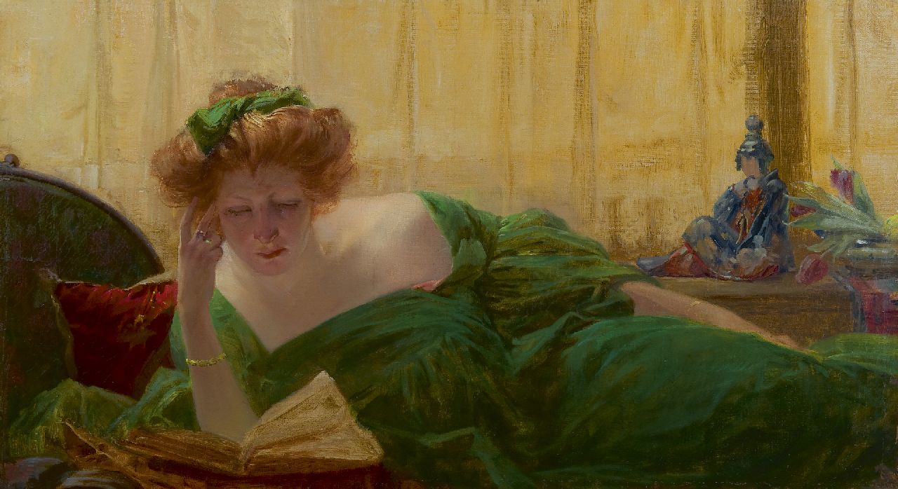 Livemont H.P.A.T.  | Henri 'Privat' Antoine Théodore Livemont, Vrouw, lezend op een divan, olieverf op doek 46,2 x 82,5 cm, gesigneerd rechtsonder resten van signatuur